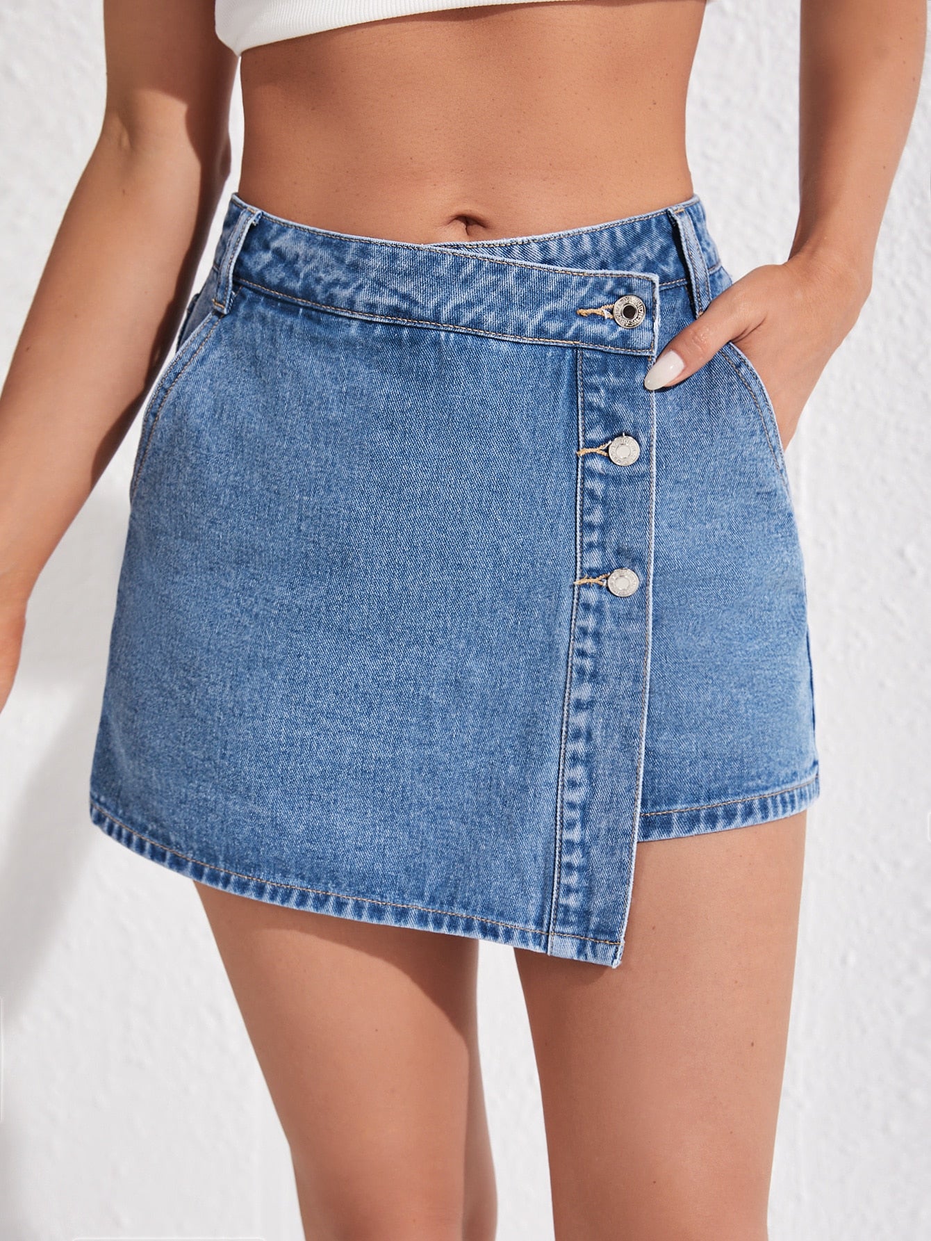 High Waist Button Front Denim Skort