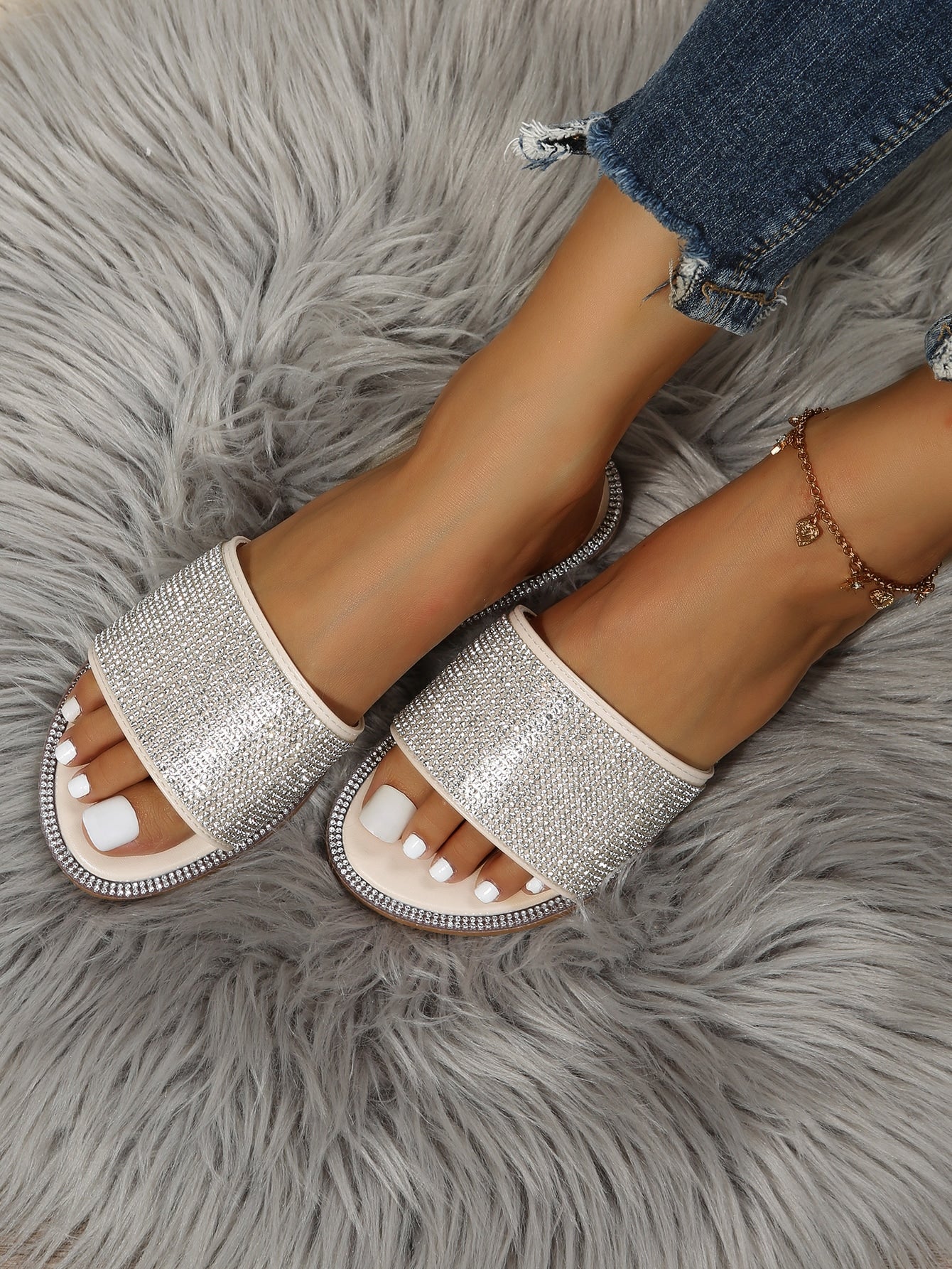 Women Black Allover Rhinestone Slide Sandals