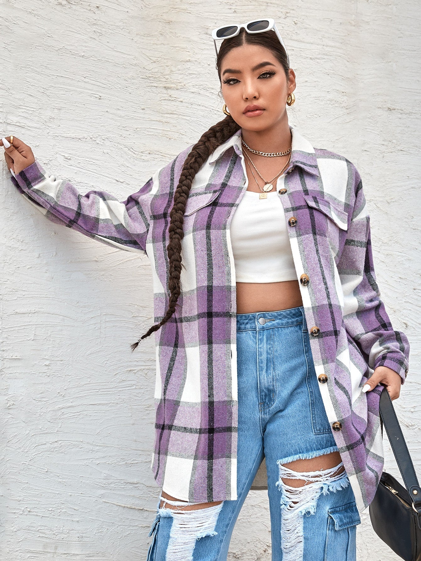 EZwear Plus Plaid Print Drop Shoulder Coat