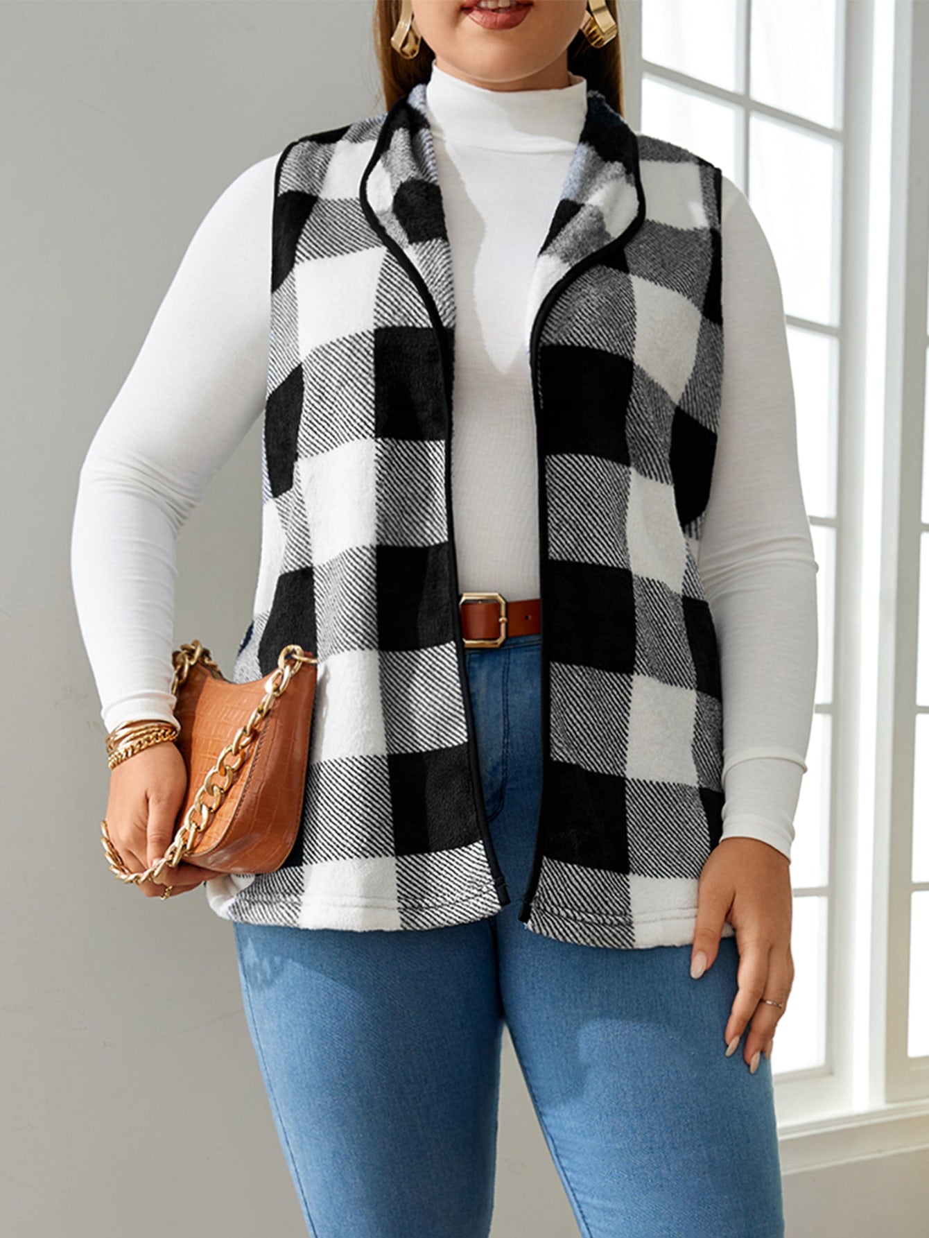 LUNE Plus Buffalo Plaid Print Open Front Vest Coat Without Tee