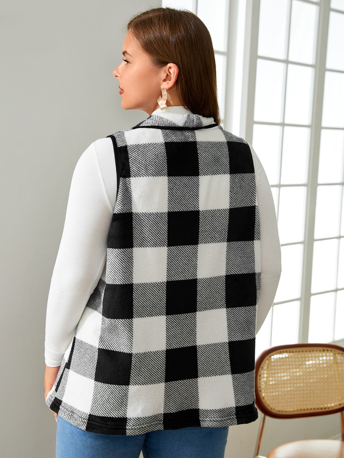LUNE Plus Buffalo Plaid Print Open Front Vest Coat Without Tee