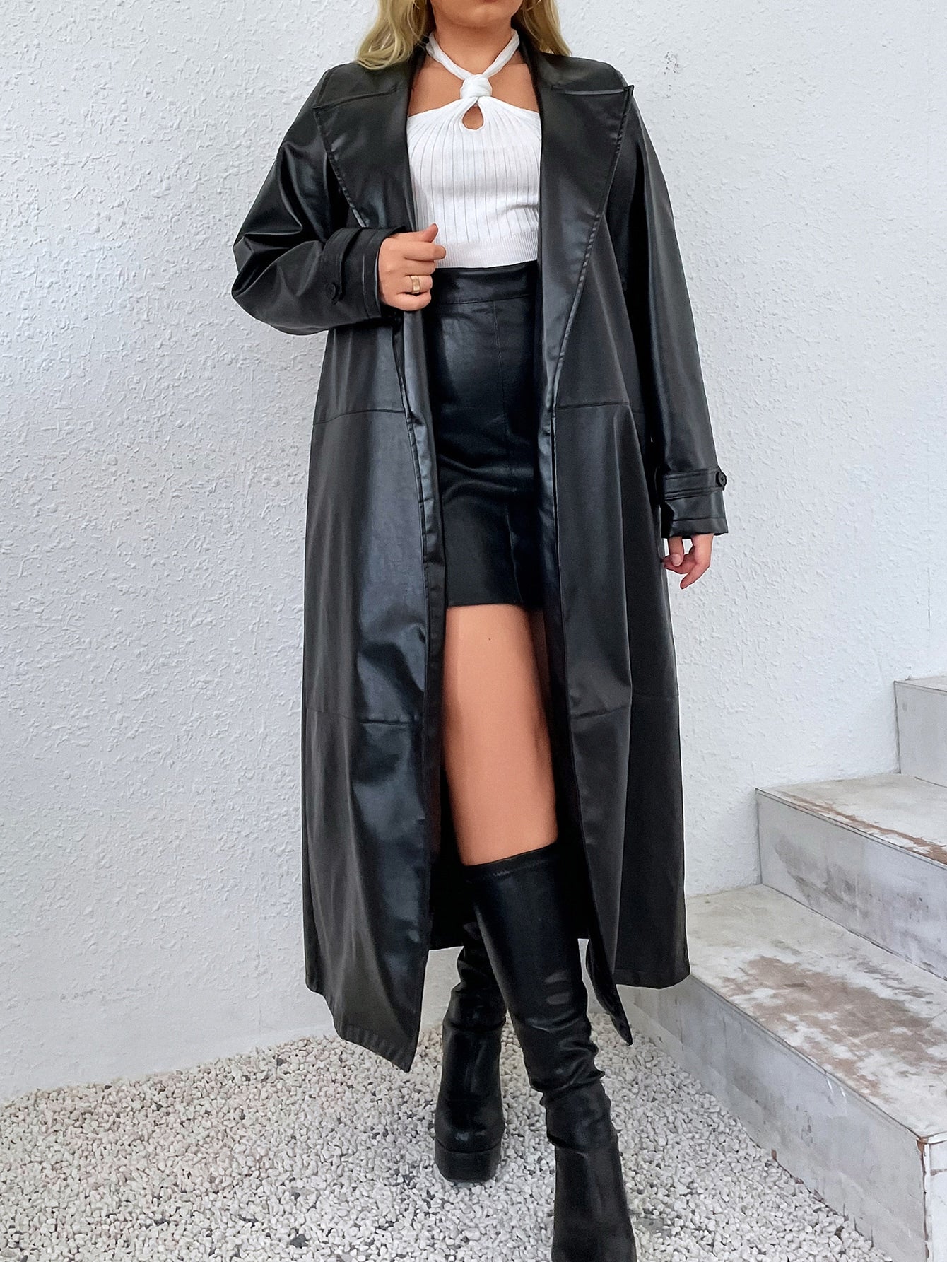 Privé Plus Lapel Collar Belted PU Leather Trench Coat