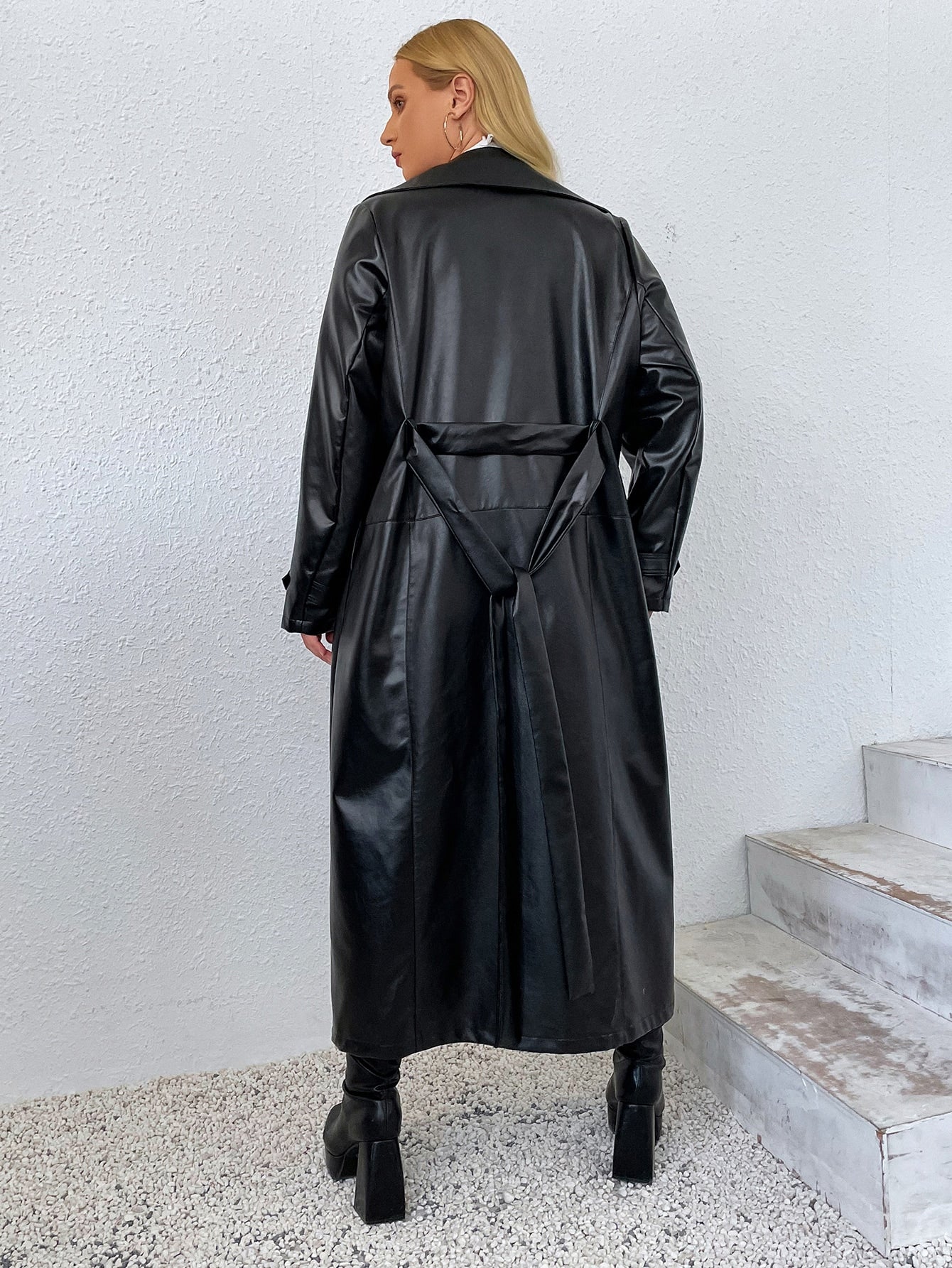 Privé Plus Lapel Collar Belted PU Leather Trench Coat