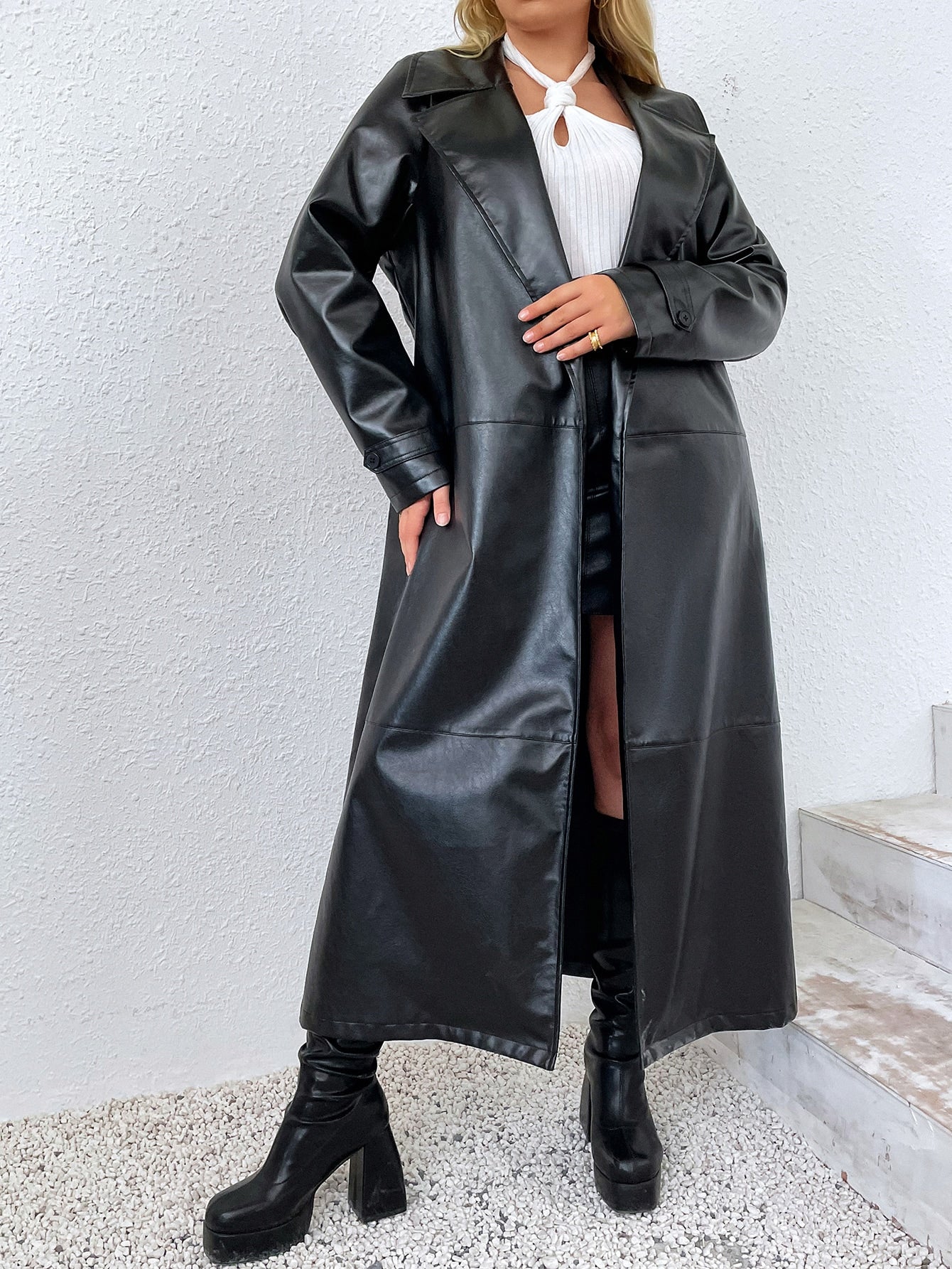 Privé Plus Lapel Collar Belted PU Leather Trench Coat