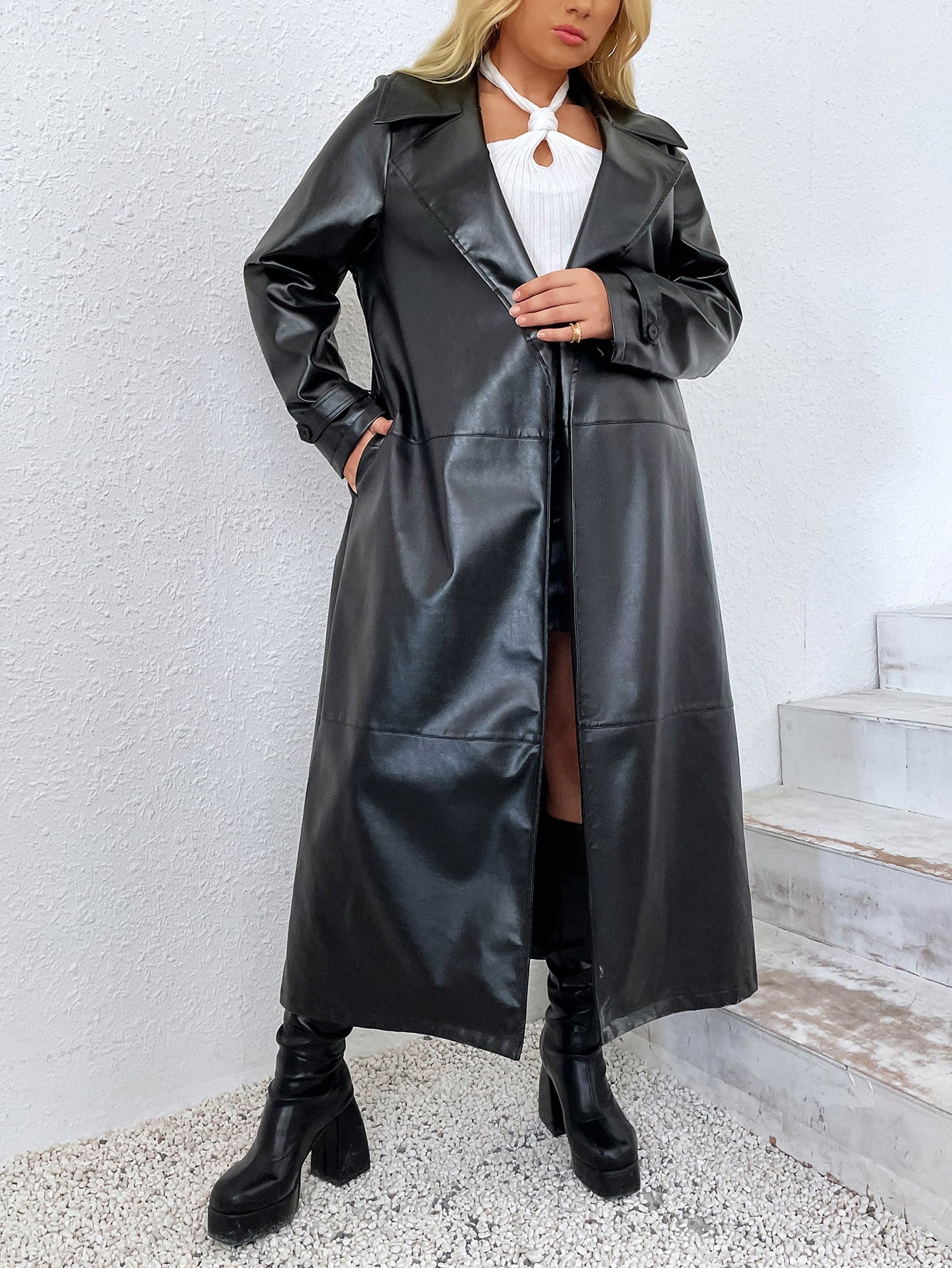 Privé Plus Lapel Collar Belted PU Leather Trench Coat