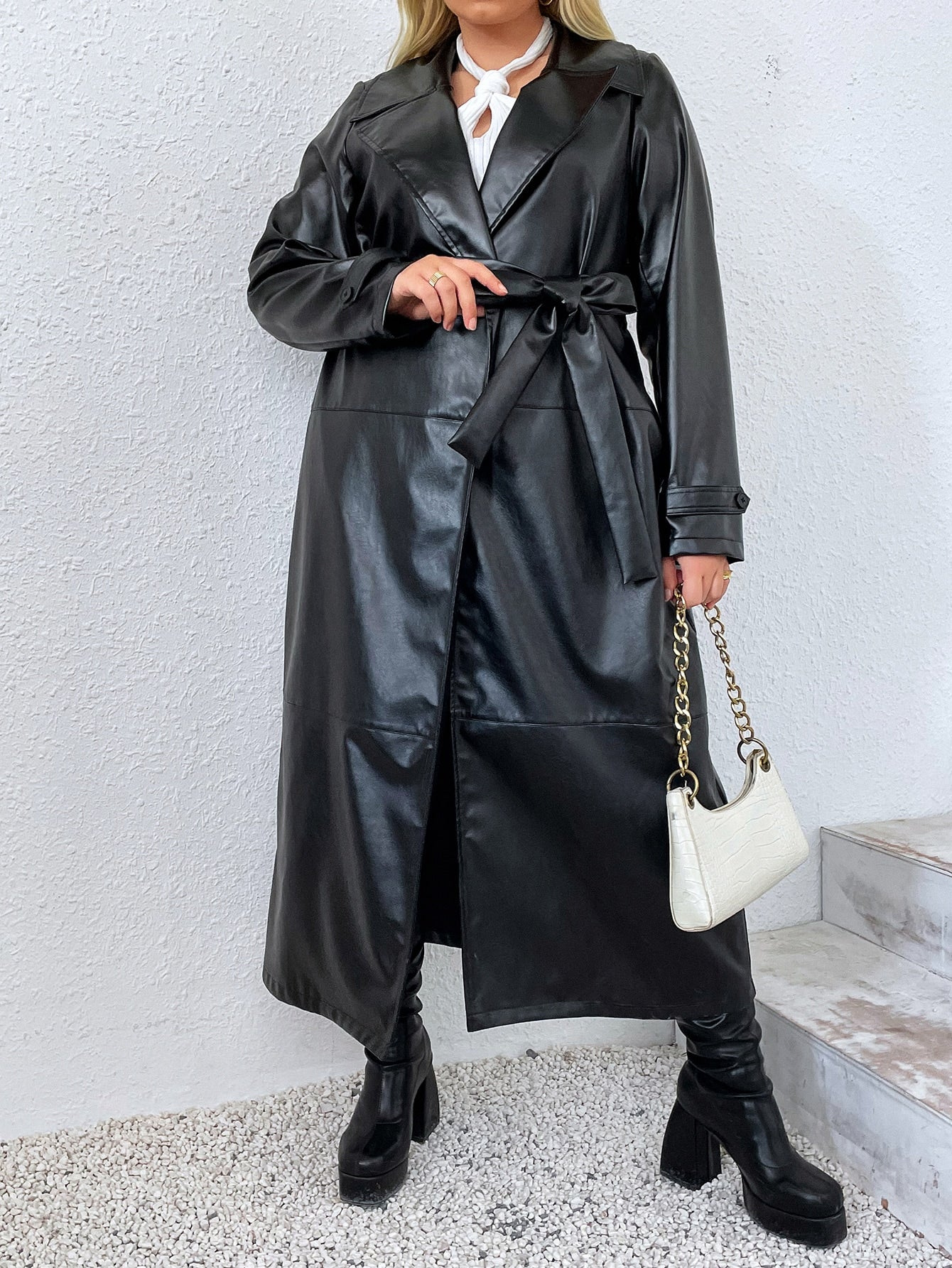 Privé Plus Lapel Collar Belted PU Leather Trench Coat