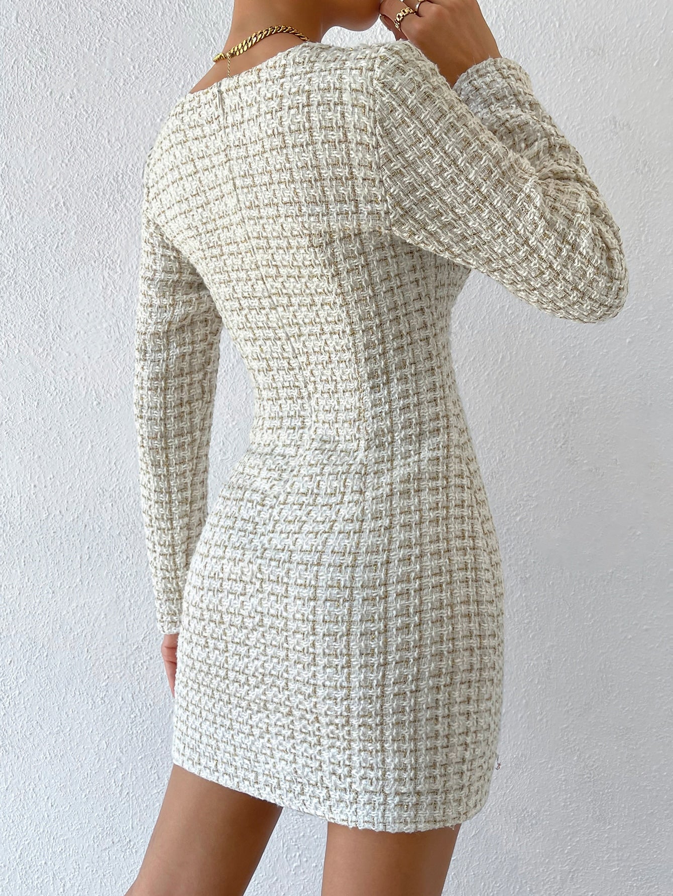 Frenchy Plaid Fake Button Sweetheart Neck Bodycon Dress