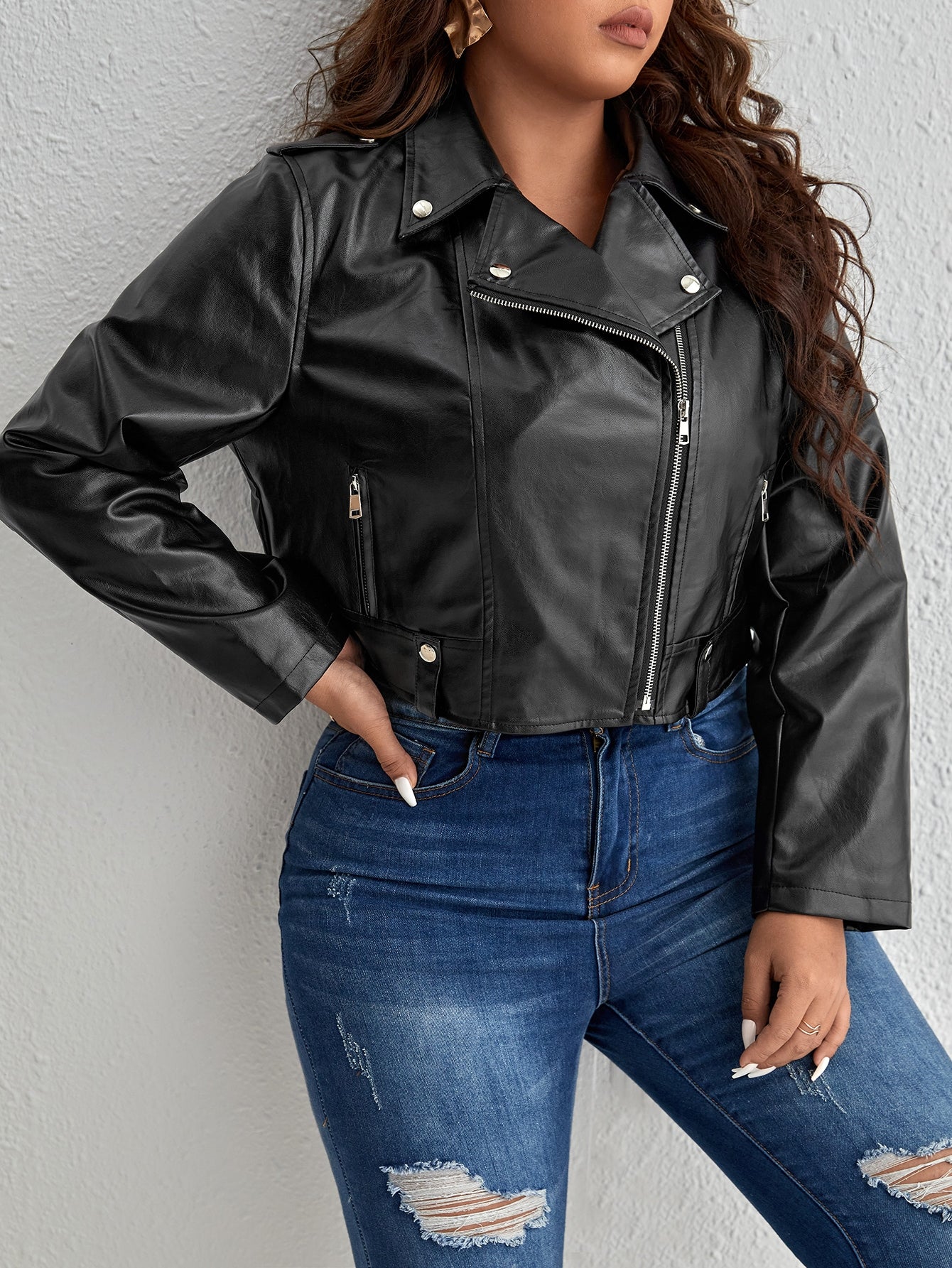 Essnce Plus Zip Up PU Leather Moto Jacket