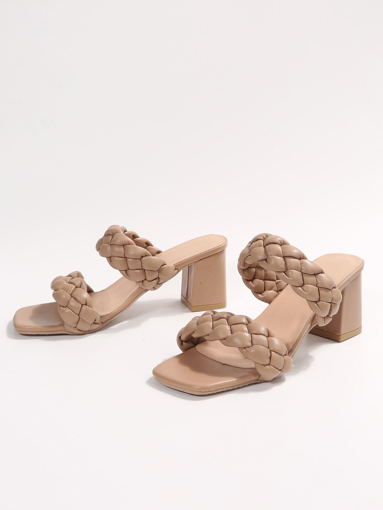 Vacation Apricot Sandals For Women, Braided Detail Chunky Heeled Mule Sandals