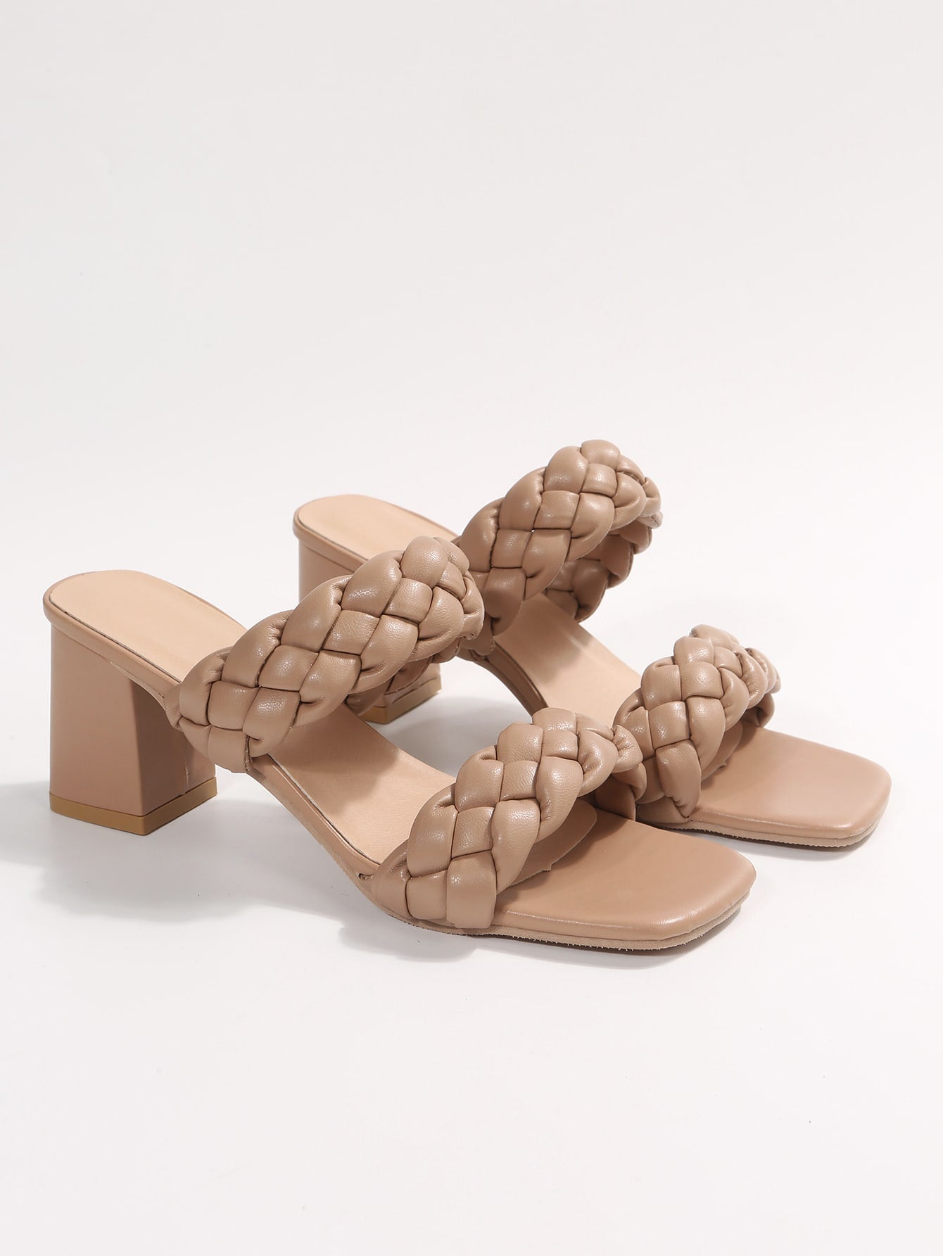 Vacation Apricot Sandals For Women, Braided Detail Chunky Heeled Mule Sandals