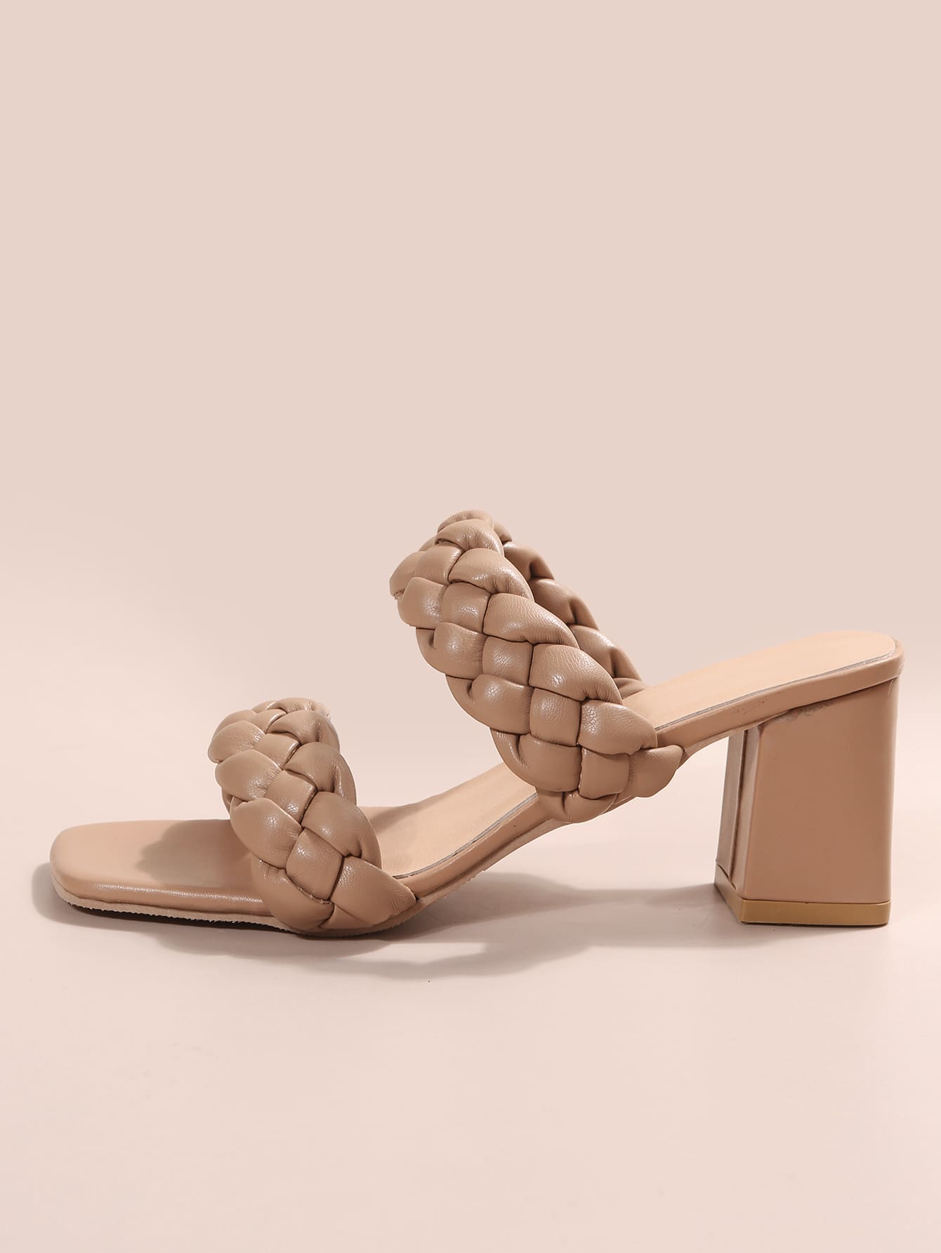 Vacation Apricot Sandals For Women, Braided Detail Chunky Heeled Mule Sandals