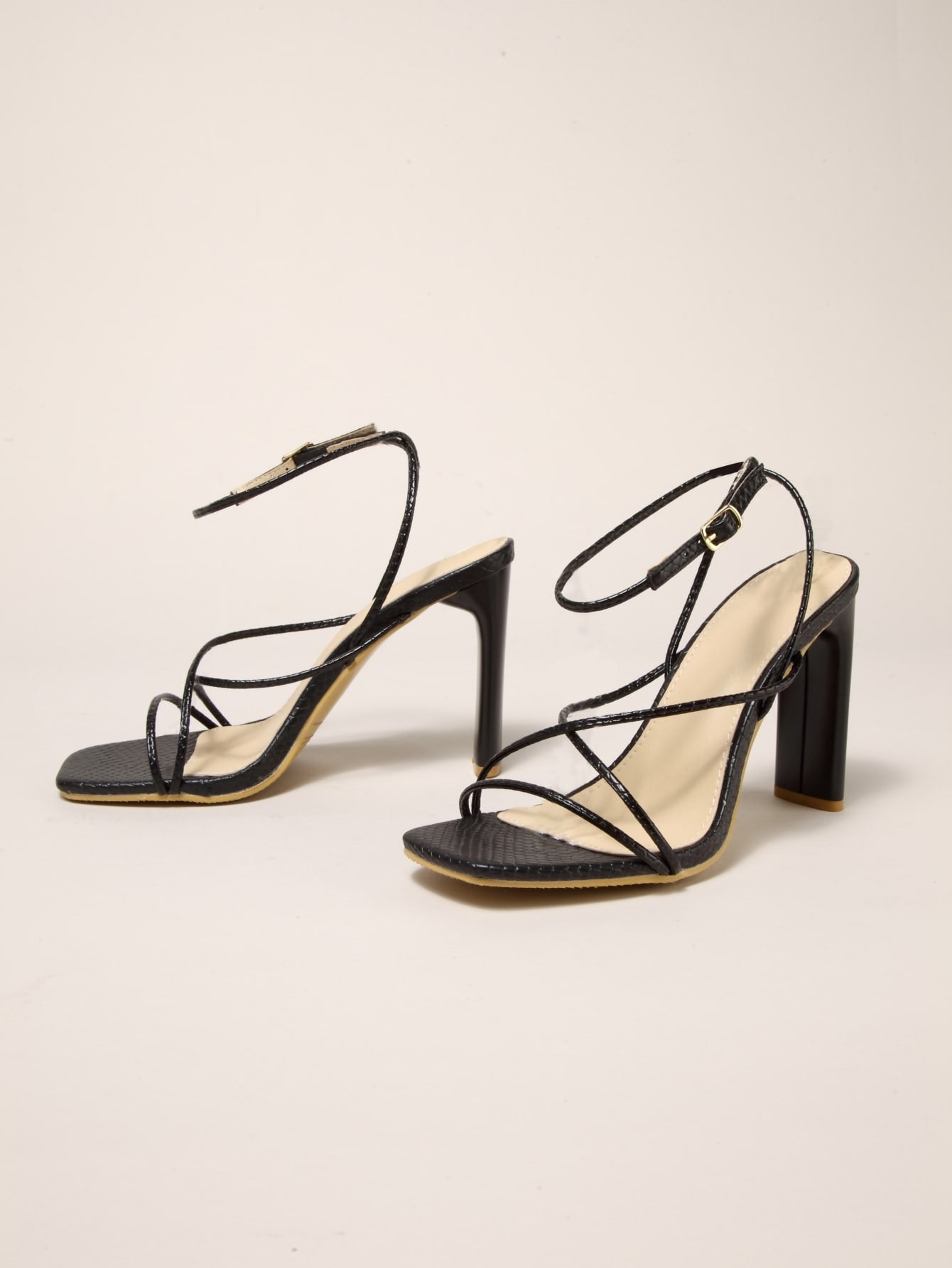Women Snakeskin Embossed Chunky Heeled Ankle Strap Black Sandals For Women With Tie Strap Around Ankle