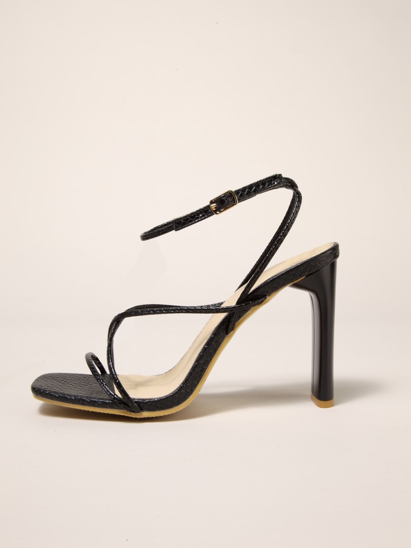 Women Snakeskin Embossed Chunky Heeled Ankle Strap Black Sandals For Women With Tie Strap Around Ankle