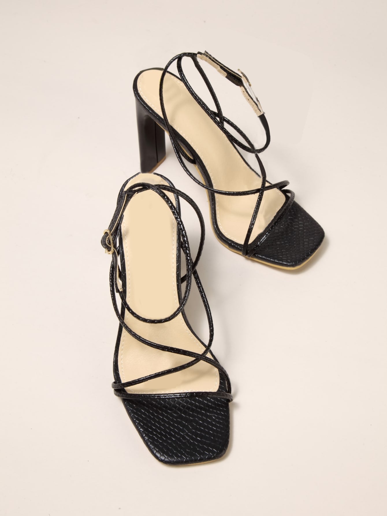 Women Snakeskin Embossed Chunky Heeled Ankle Strap Black Sandals For Women With Tie Strap Around Ankle