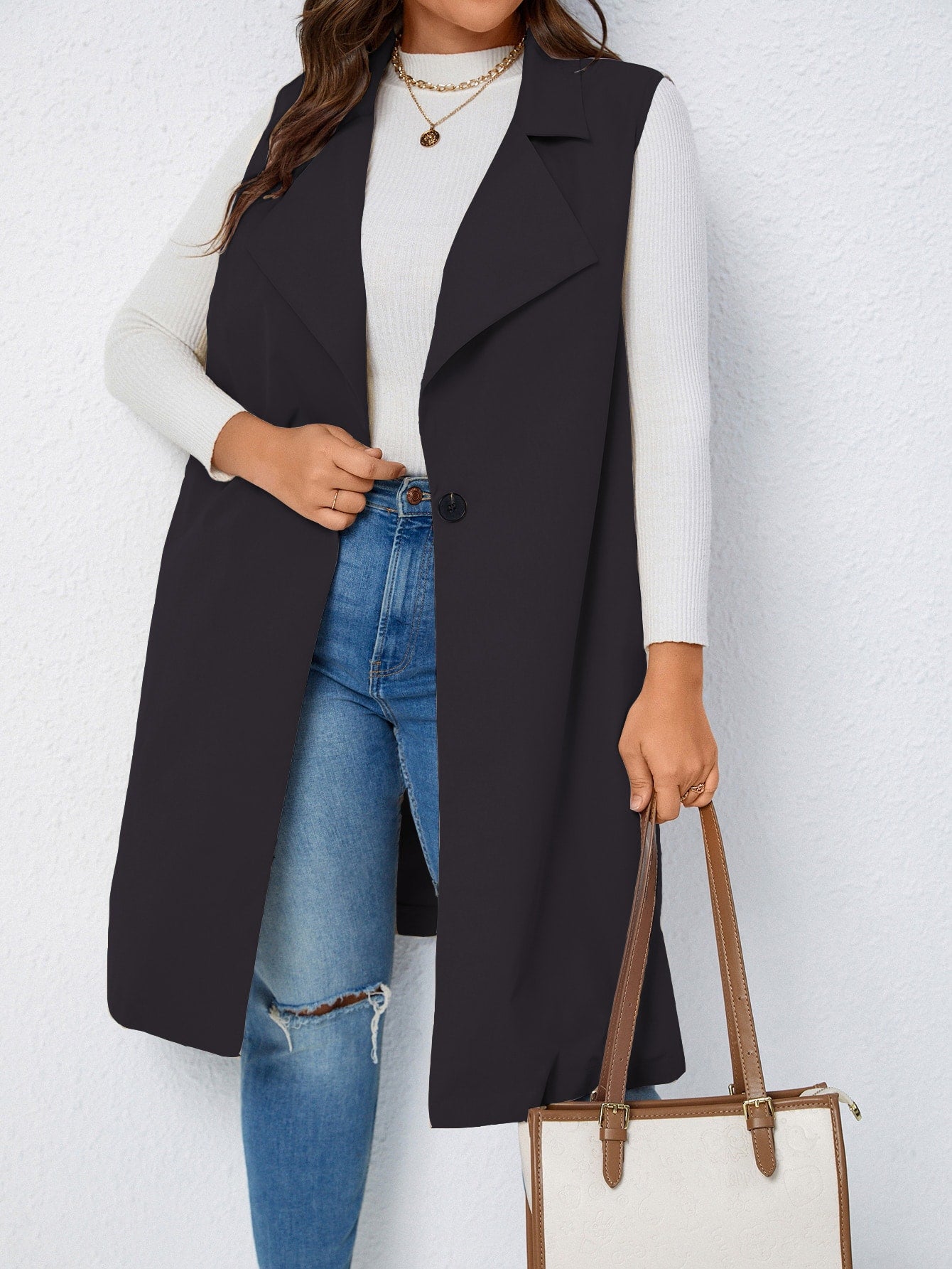 LUNE Plus Lapel Neck Single Button Vest Coat