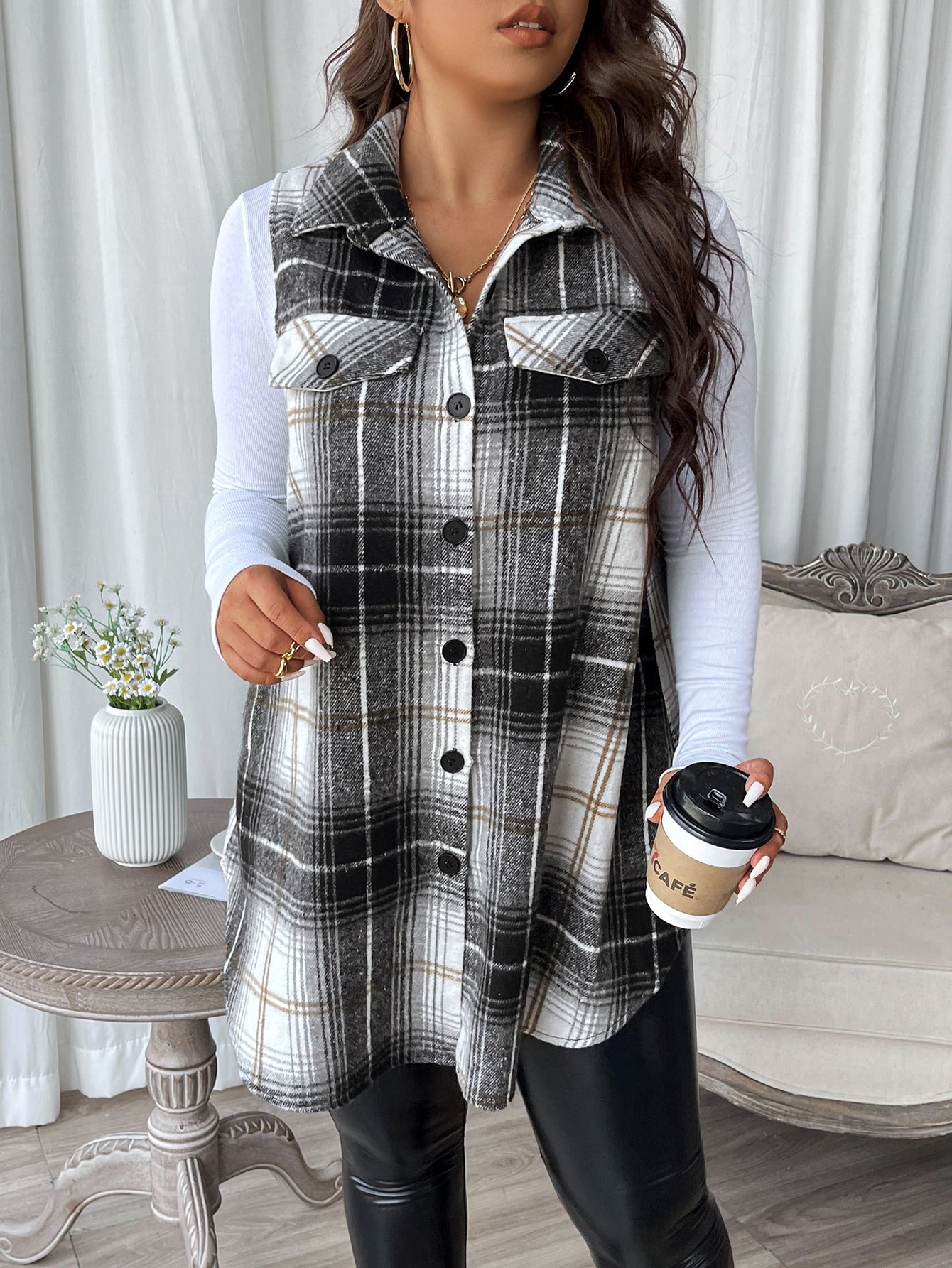 LUNE Plus Plaid Print Flap Detail Vest Coat