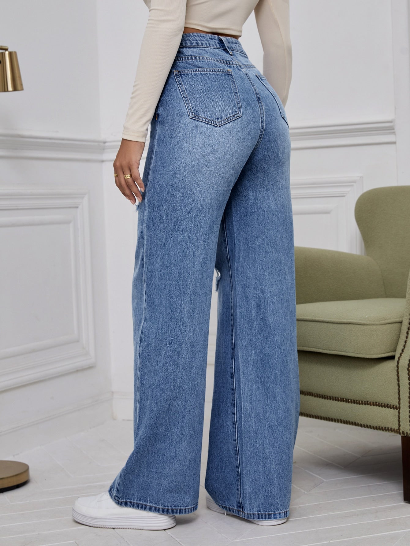 EZwear High Waist Ripped Wide Leg Jeans