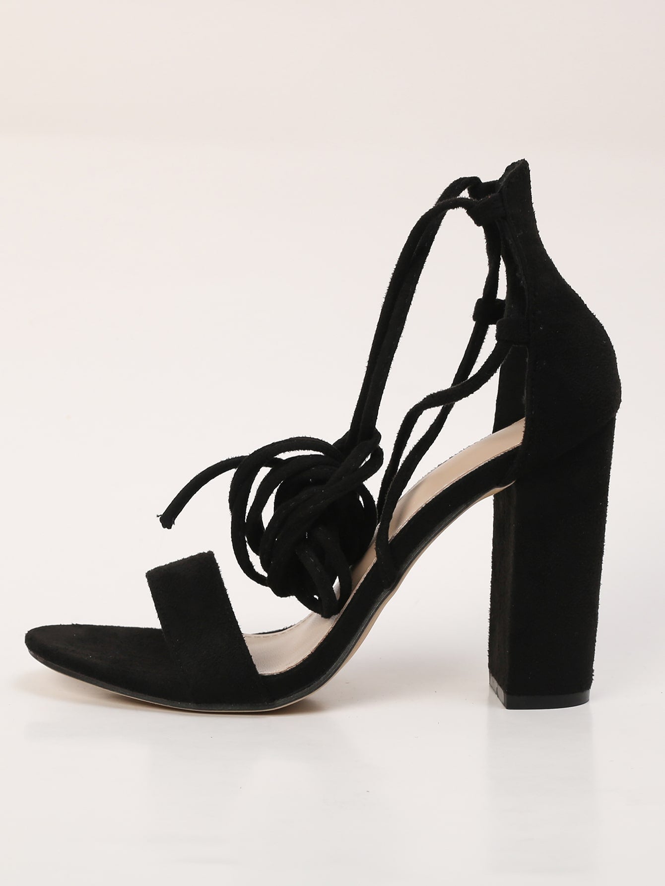Women Black Tie Leg Design Chunky Heeled Faux Suede Strappy Sandals