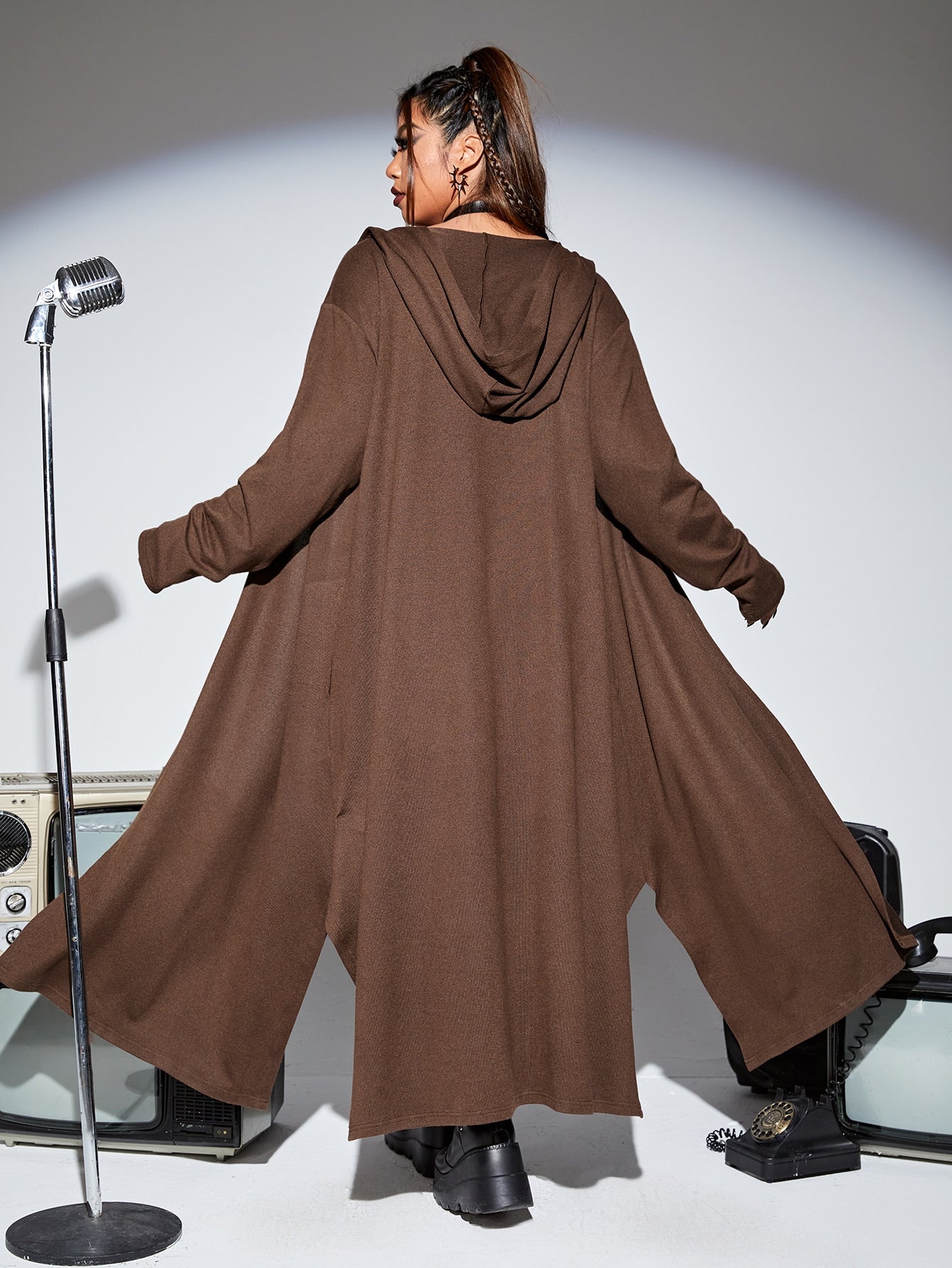 PUNK Plus Solid Open Front Hooded Coat