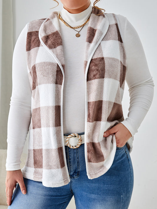 LUNE Plus Buffalo Plaid Print Open Front Vest Coat Without Tee