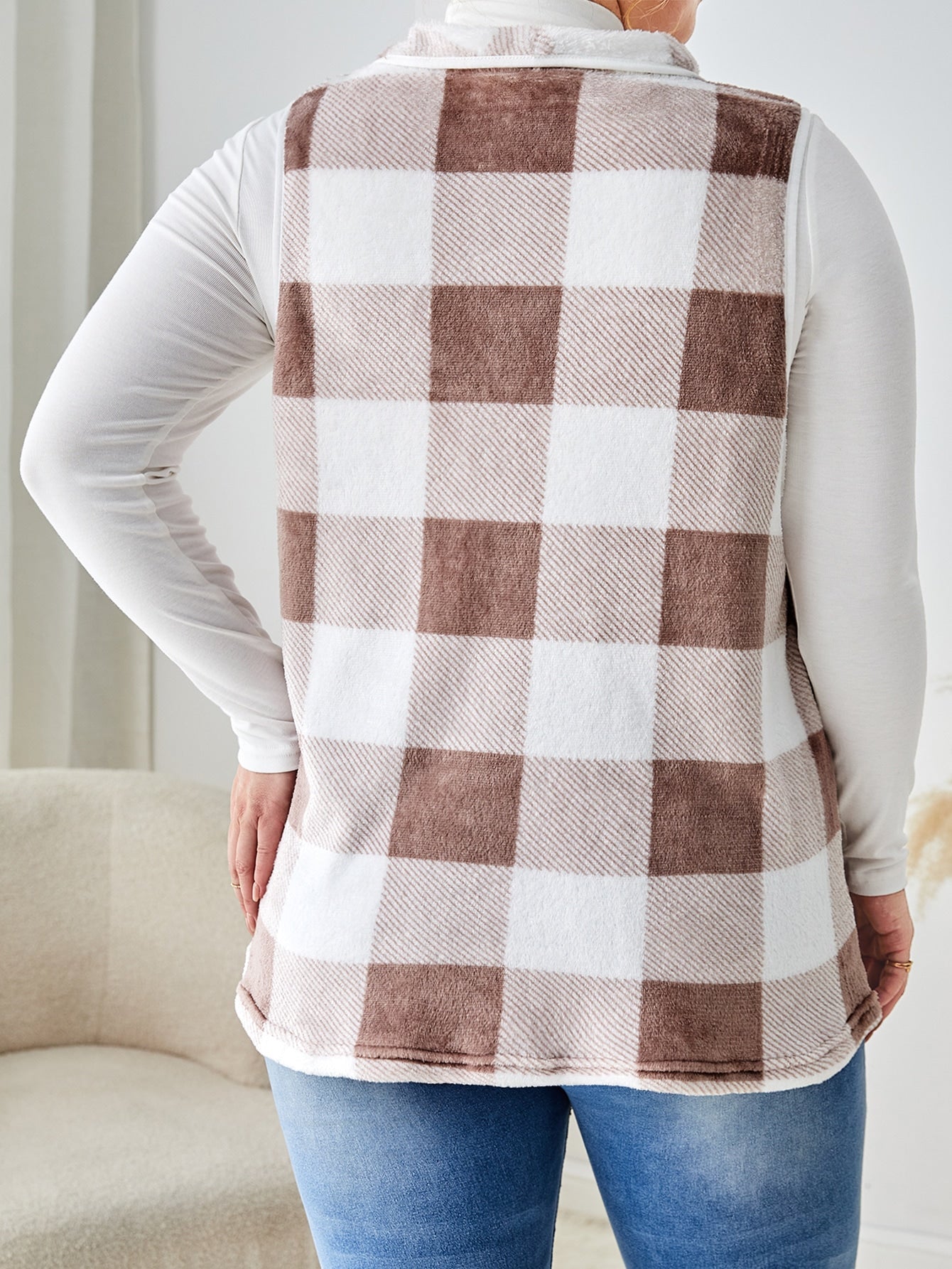 LUNE Plus Buffalo Plaid Print Open Front Vest Coat Without Tee