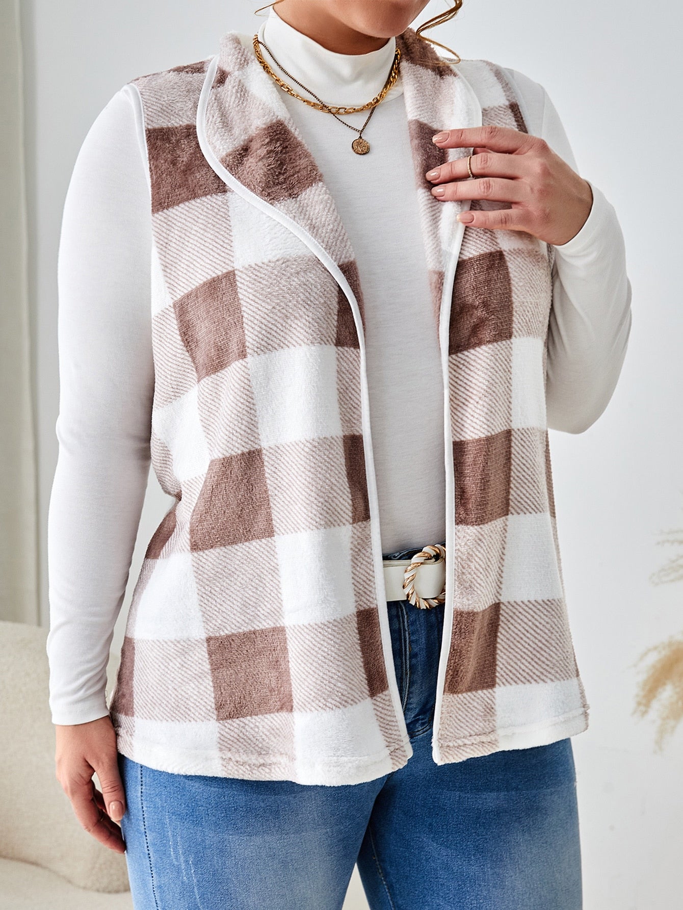 LUNE Plus Buffalo Plaid Print Open Front Vest Coat Without Tee