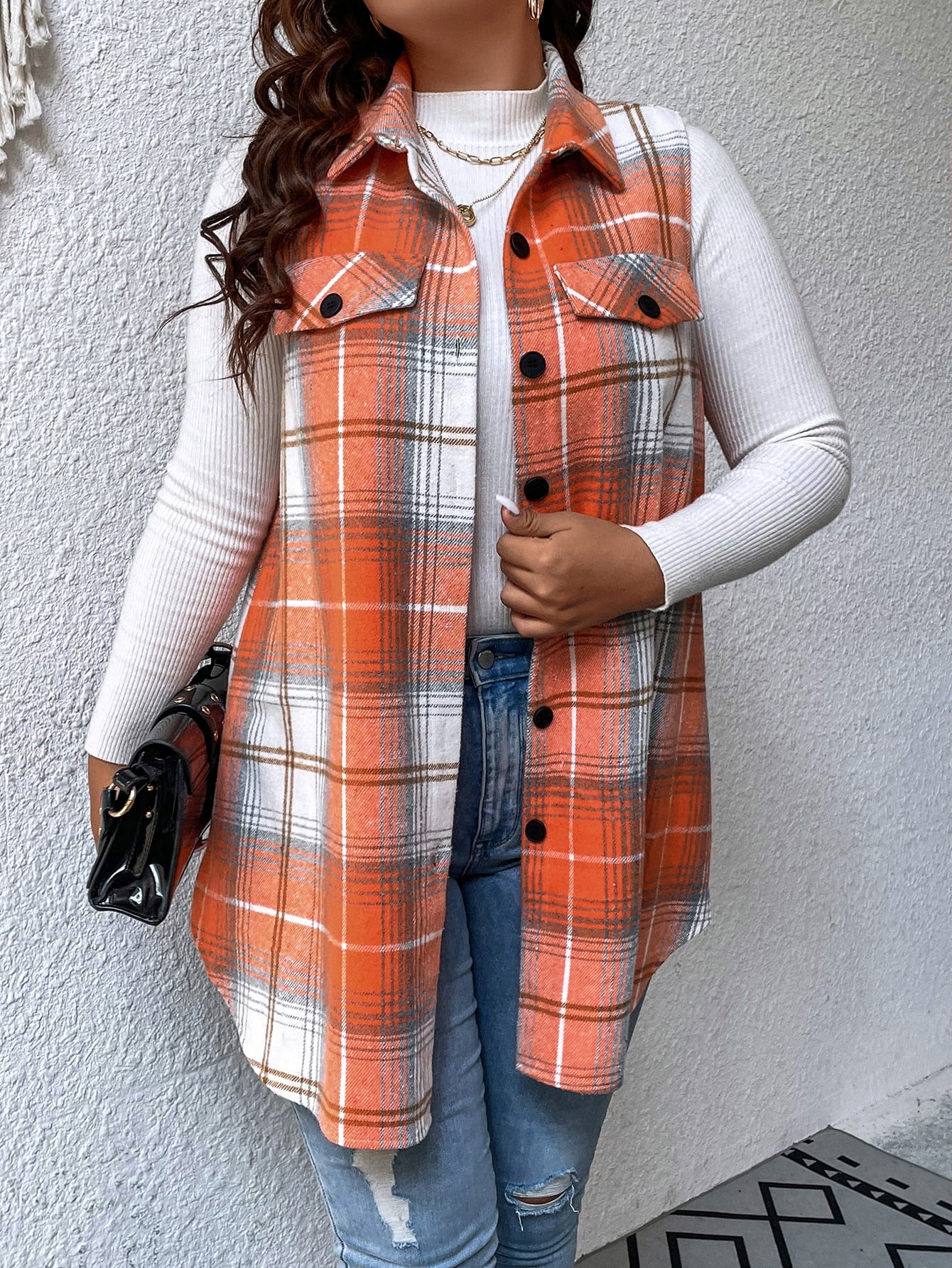 LUNE Plus Plaid Print Flap Detail Vest Coat