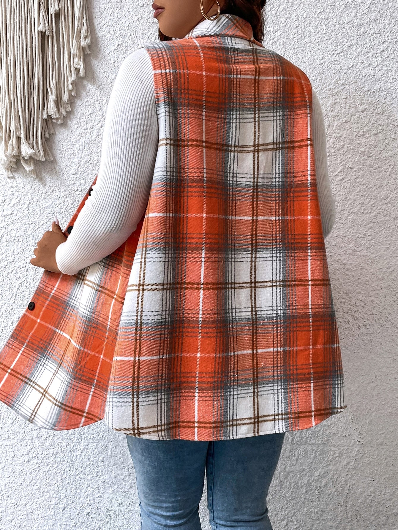 LUNE Plus Plaid Print Flap Detail Vest Coat