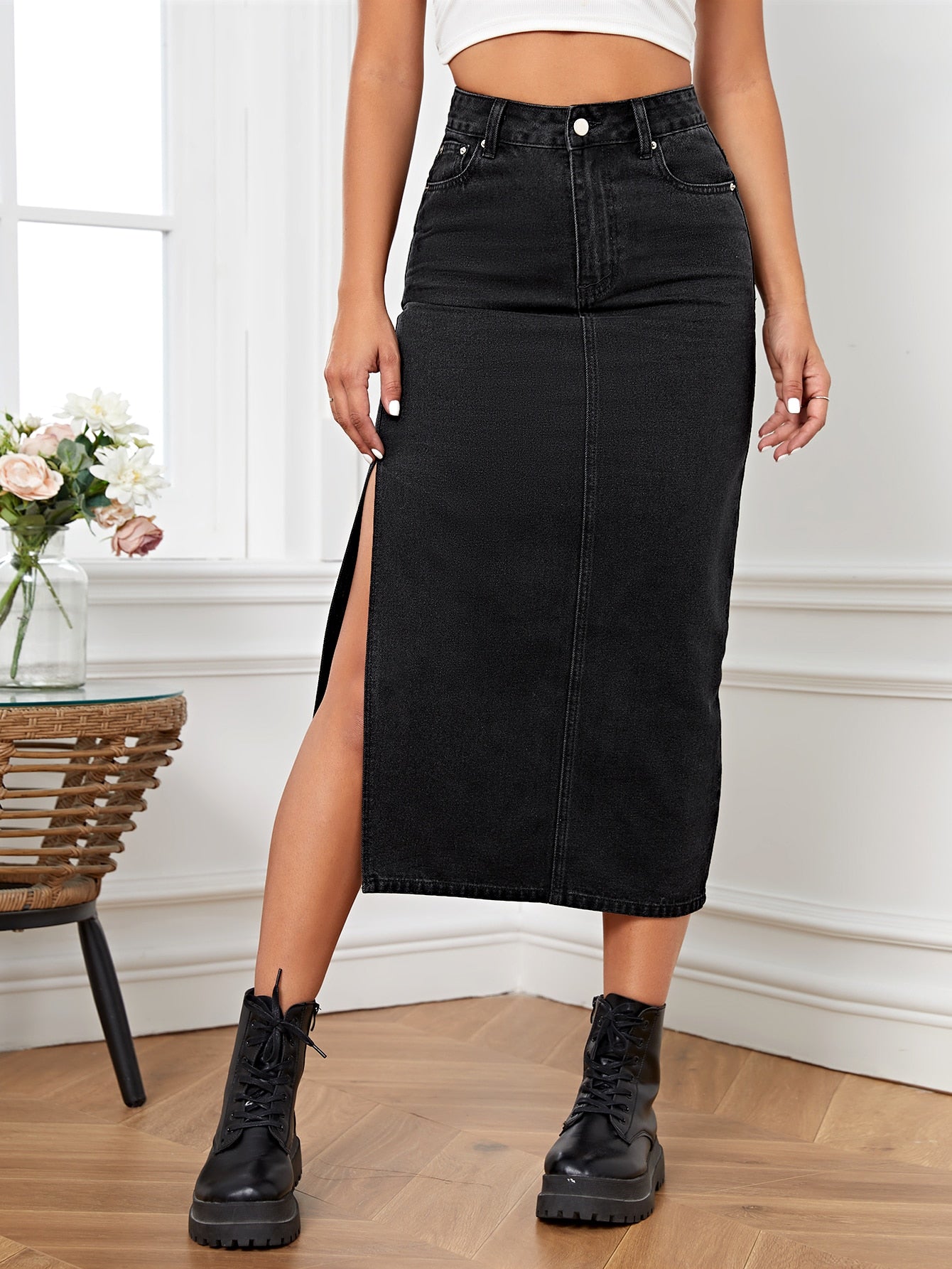 Essnce High Waist Split Thigh Denim Skirt