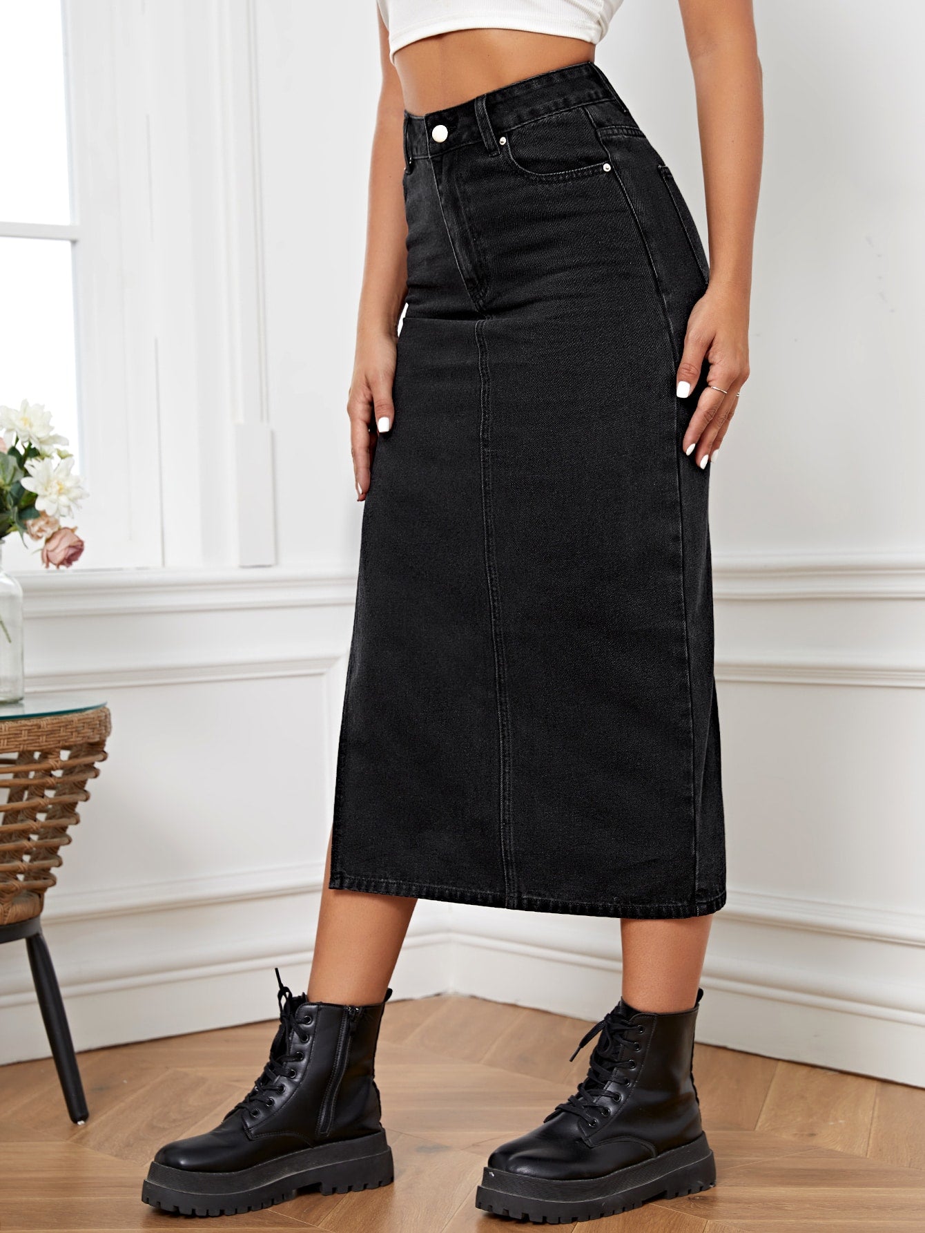 Essnce High Waist Split Thigh Denim Skirt