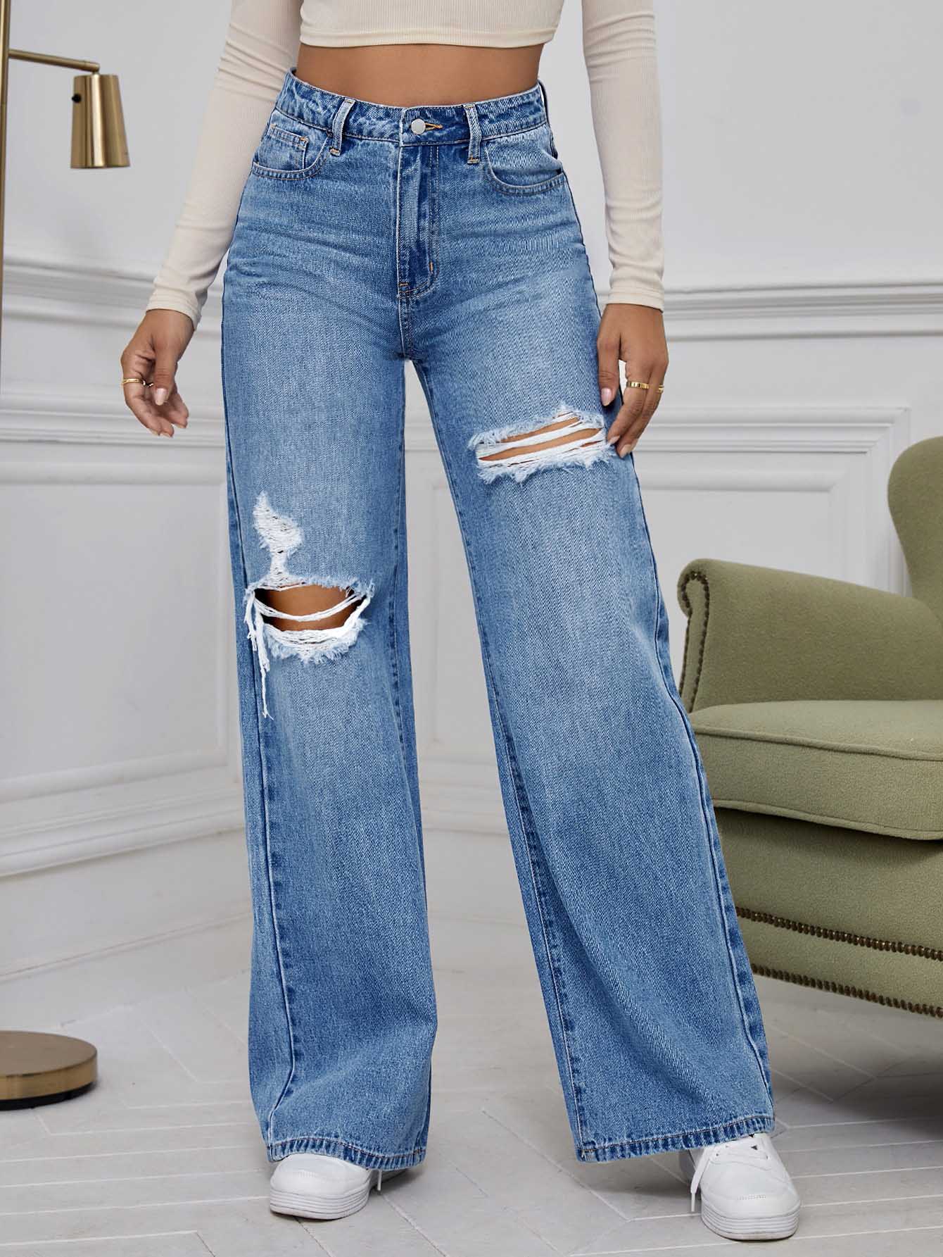 EZwear High Waist Ripped Wide Leg Jeans