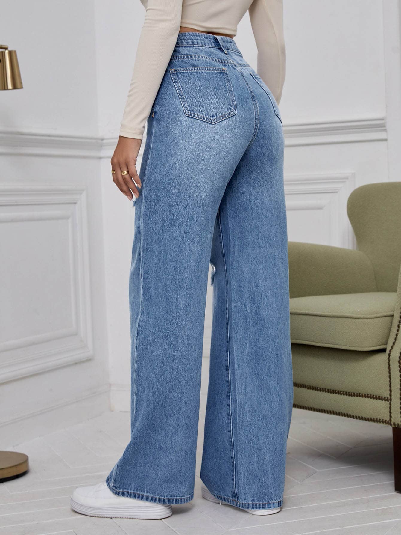 EZwear High Waist Ripped Wide Leg Jeans