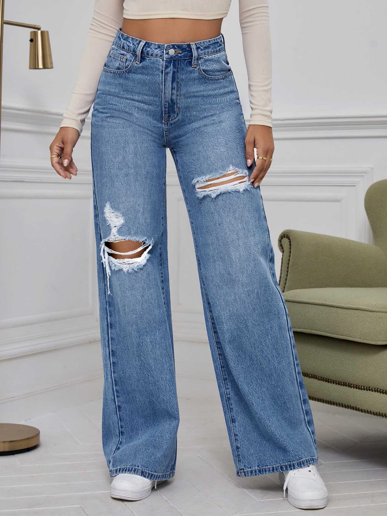 EZwear High Waist Ripped Wide Leg Jeans