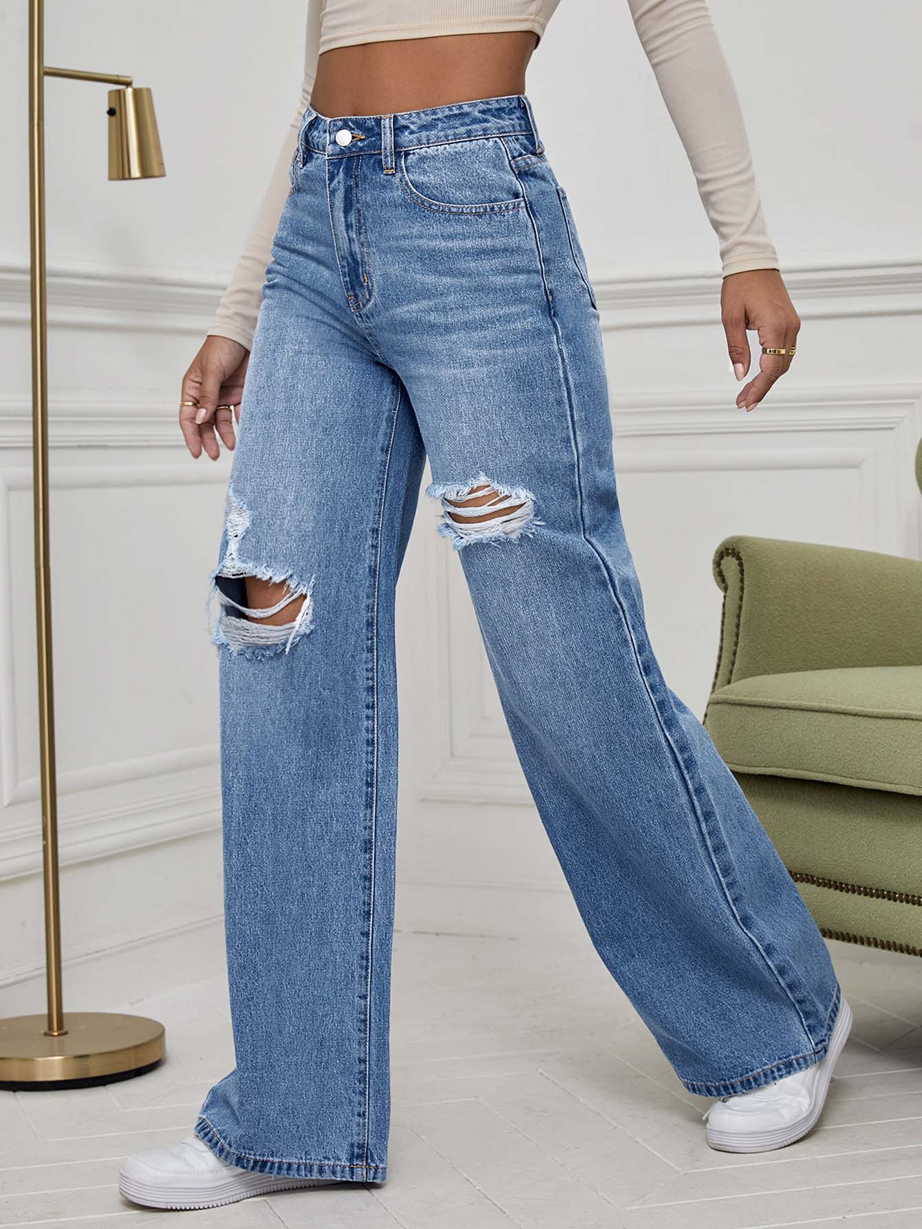 EZwear High Waist Ripped Wide Leg Jeans