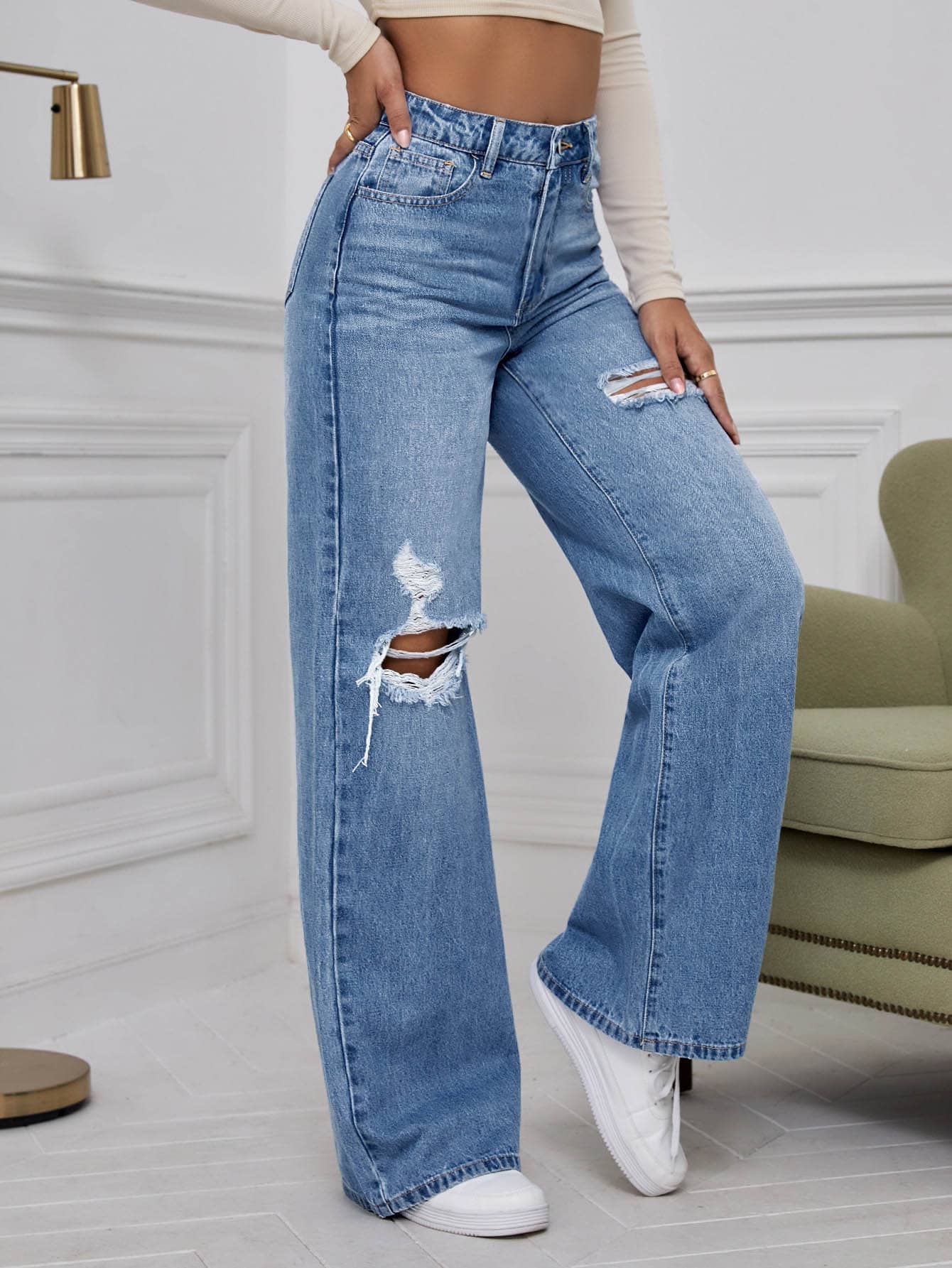 EZwear High Waist Ripped Wide Leg Jeans