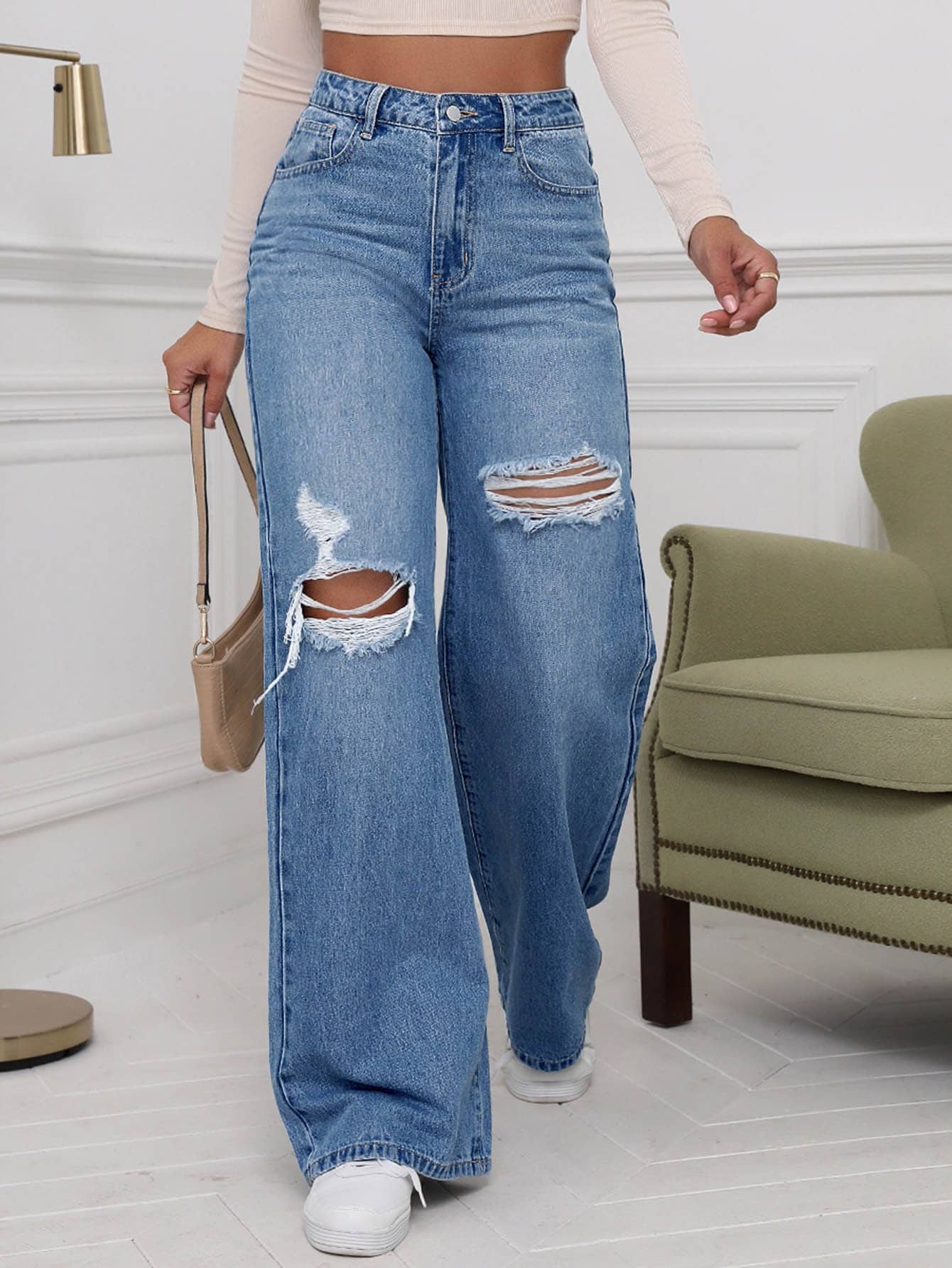 EZwear High Waist Ripped Wide Leg Jeans
