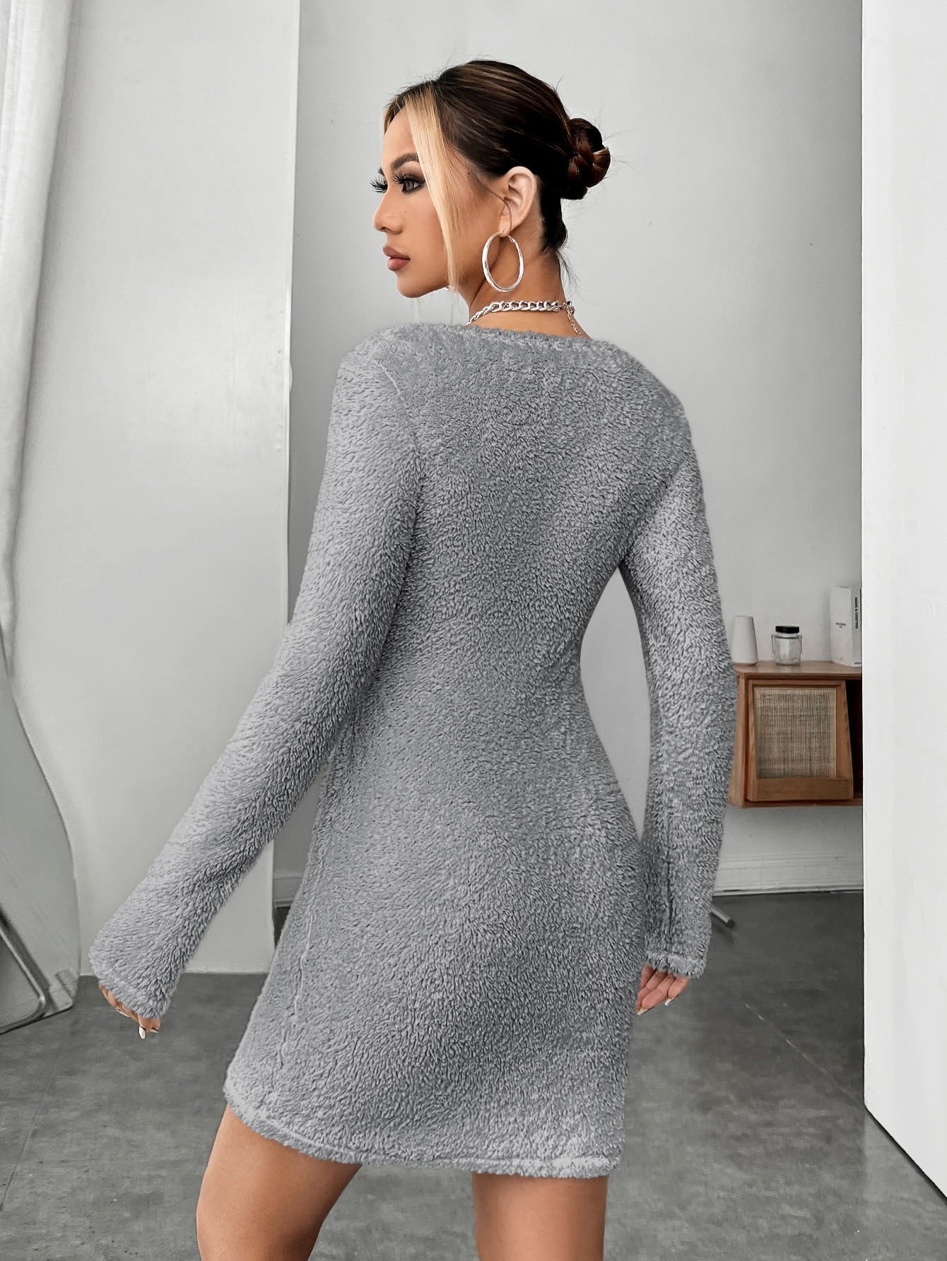 EZwear Scoop Neck Fluffy Knit Bodycon Dress