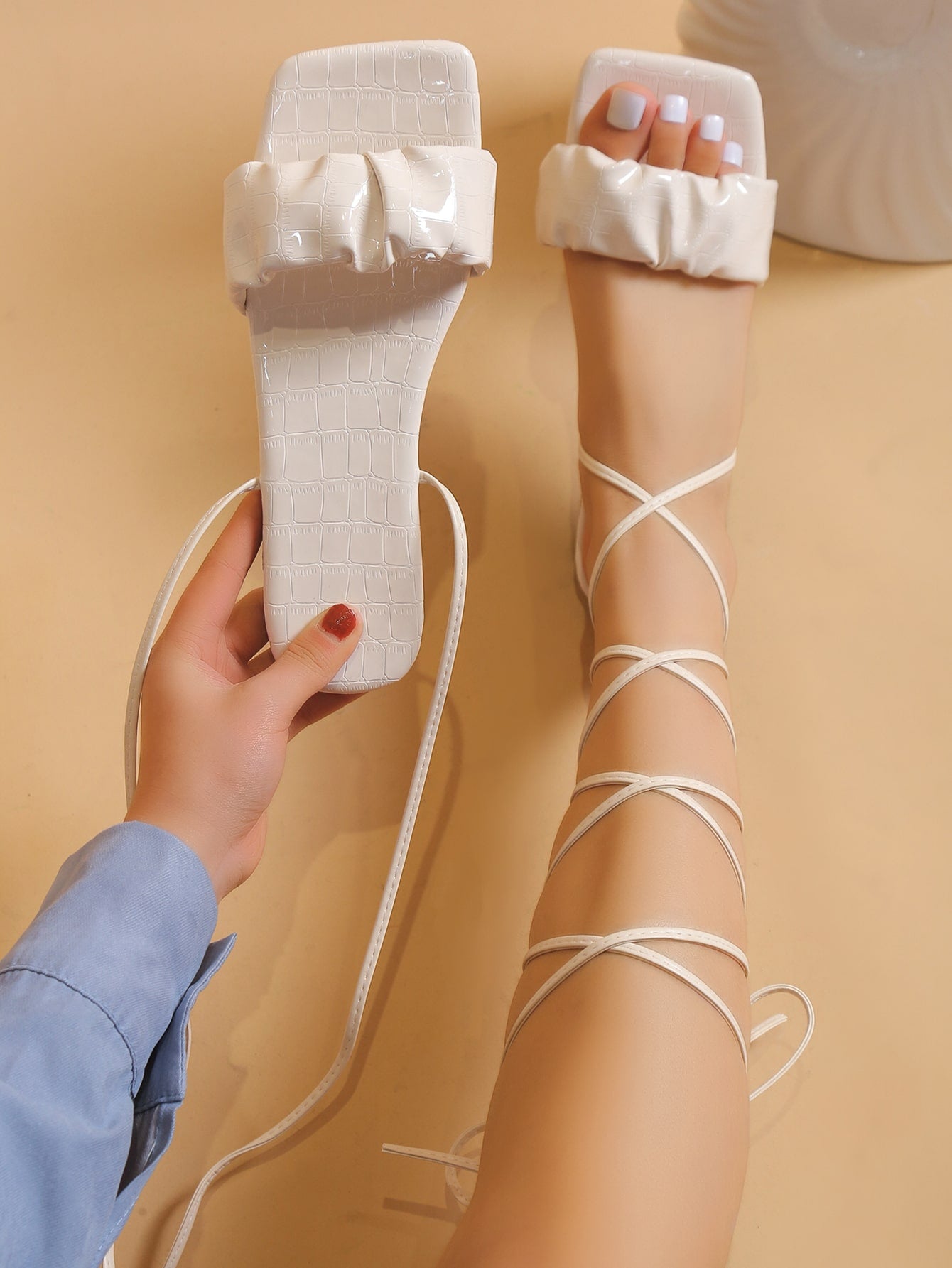 Women Ruched Strap Tie Leg Design Strappy Sandals