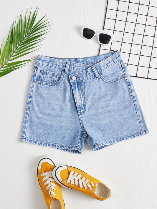 EZwear Solid Stepped Waist Straight Leg Denim Shorts