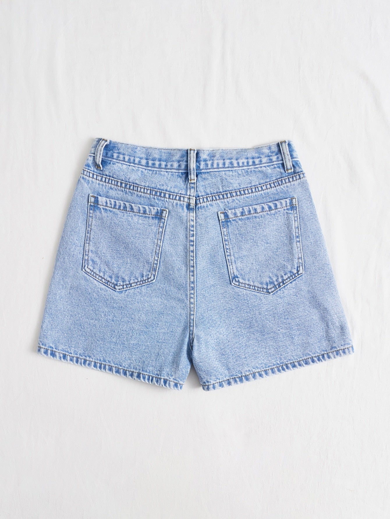 EZwear Solid Stepped Waist Straight Leg Denim Shorts