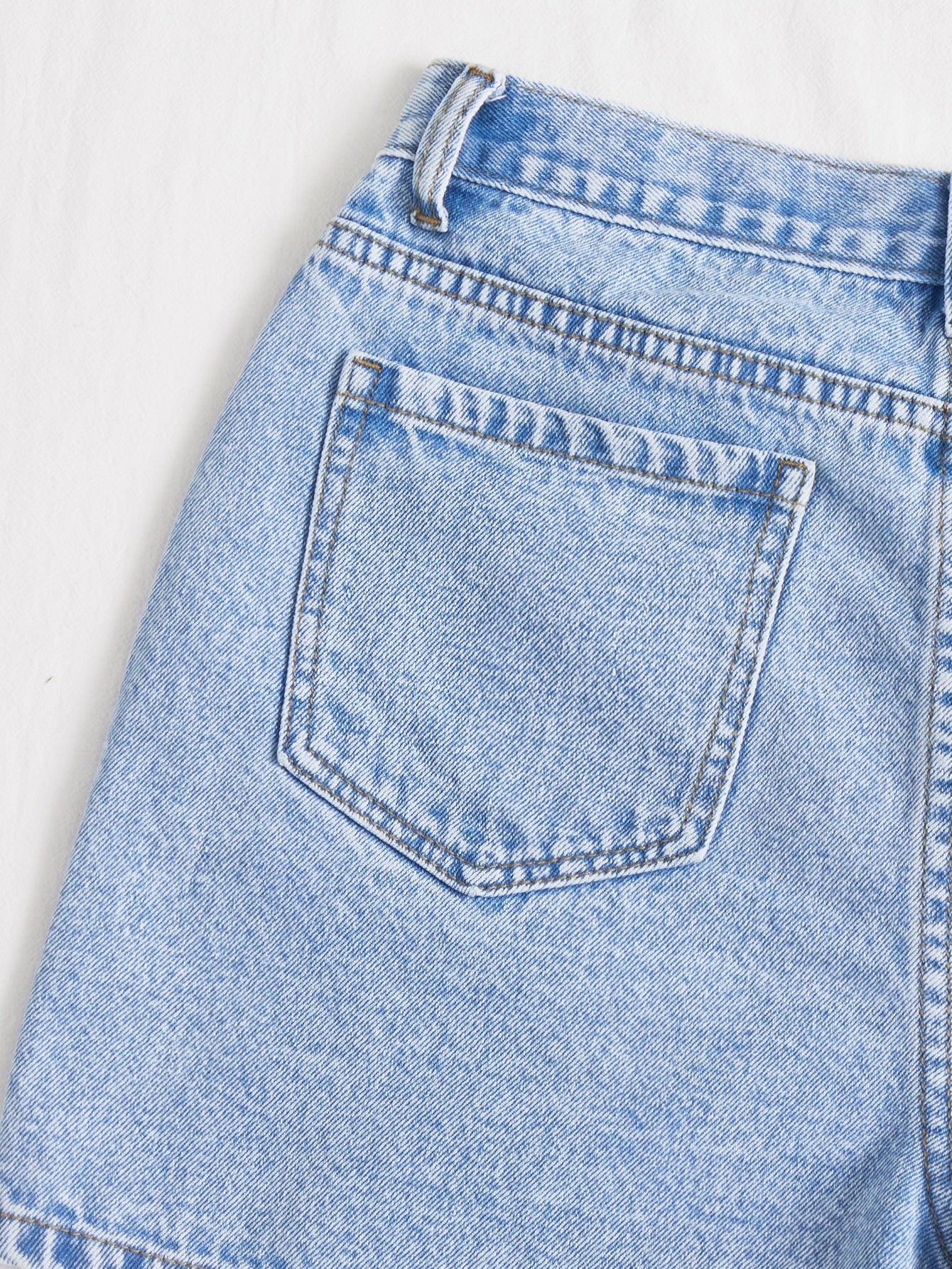 EZwear Solid Stepped Waist Straight Leg Denim Shorts