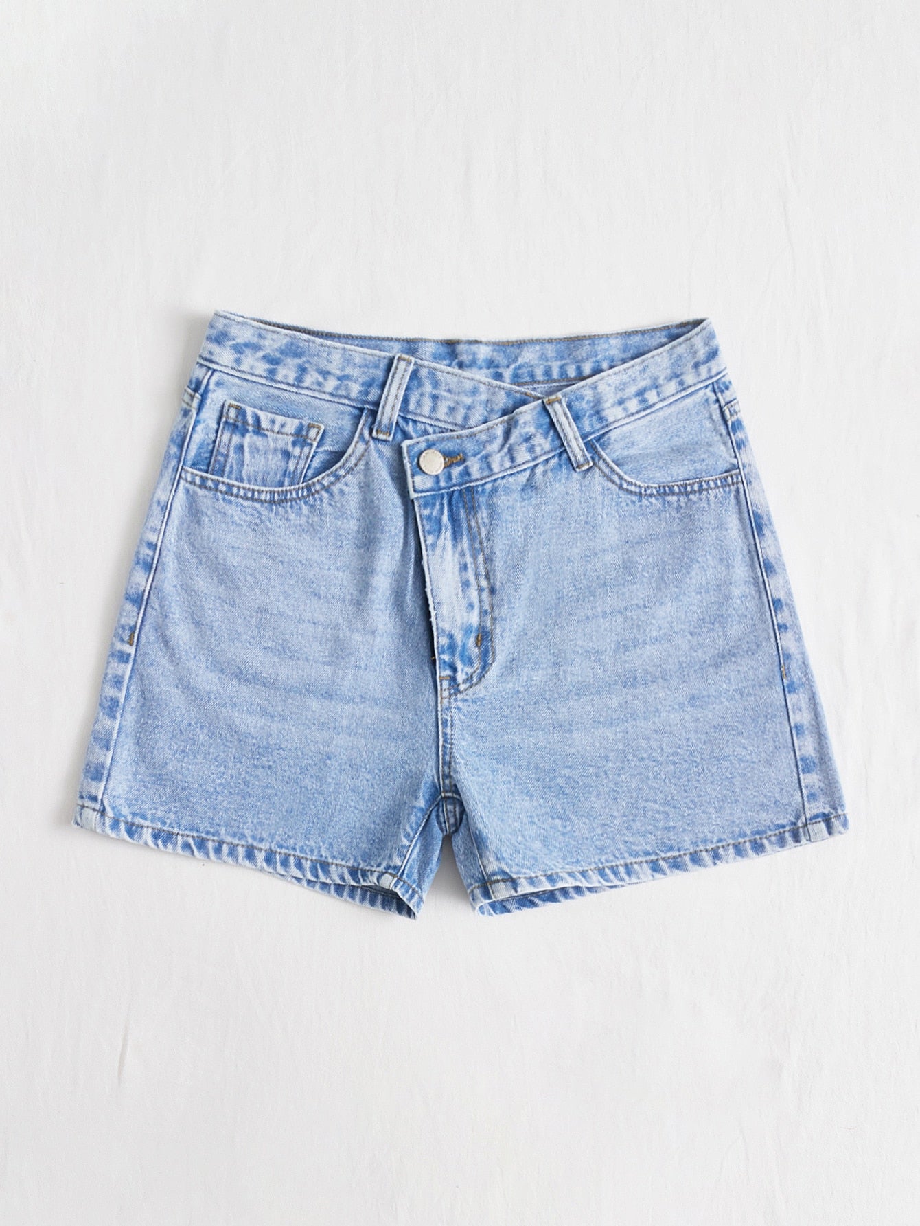 EZwear Solid Stepped Waist Straight Leg Denim Shorts