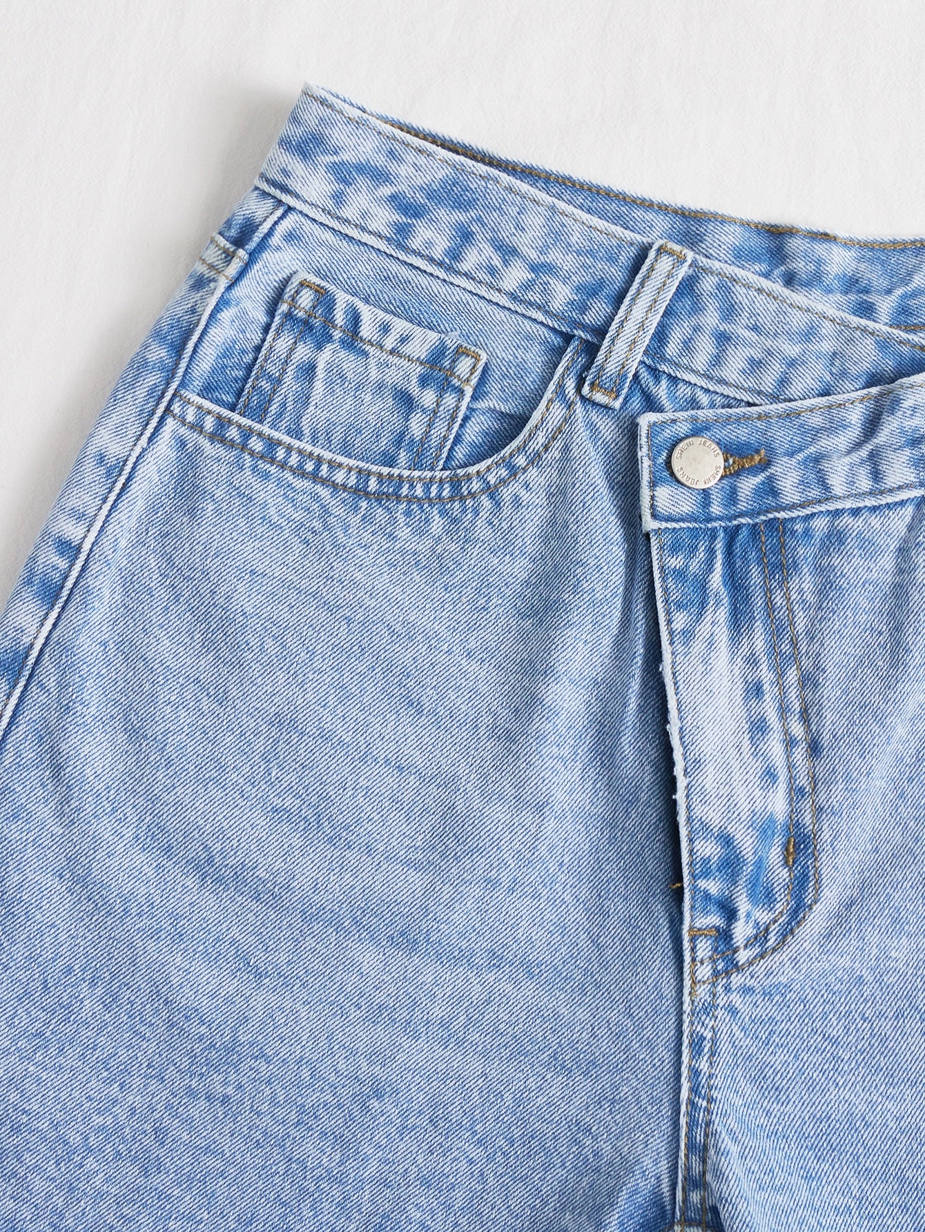 EZwear Solid Stepped Waist Straight Leg Denim Shorts