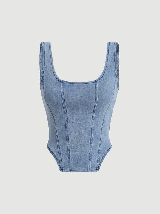 MOD Square Neck Hanky Hem Denim Top