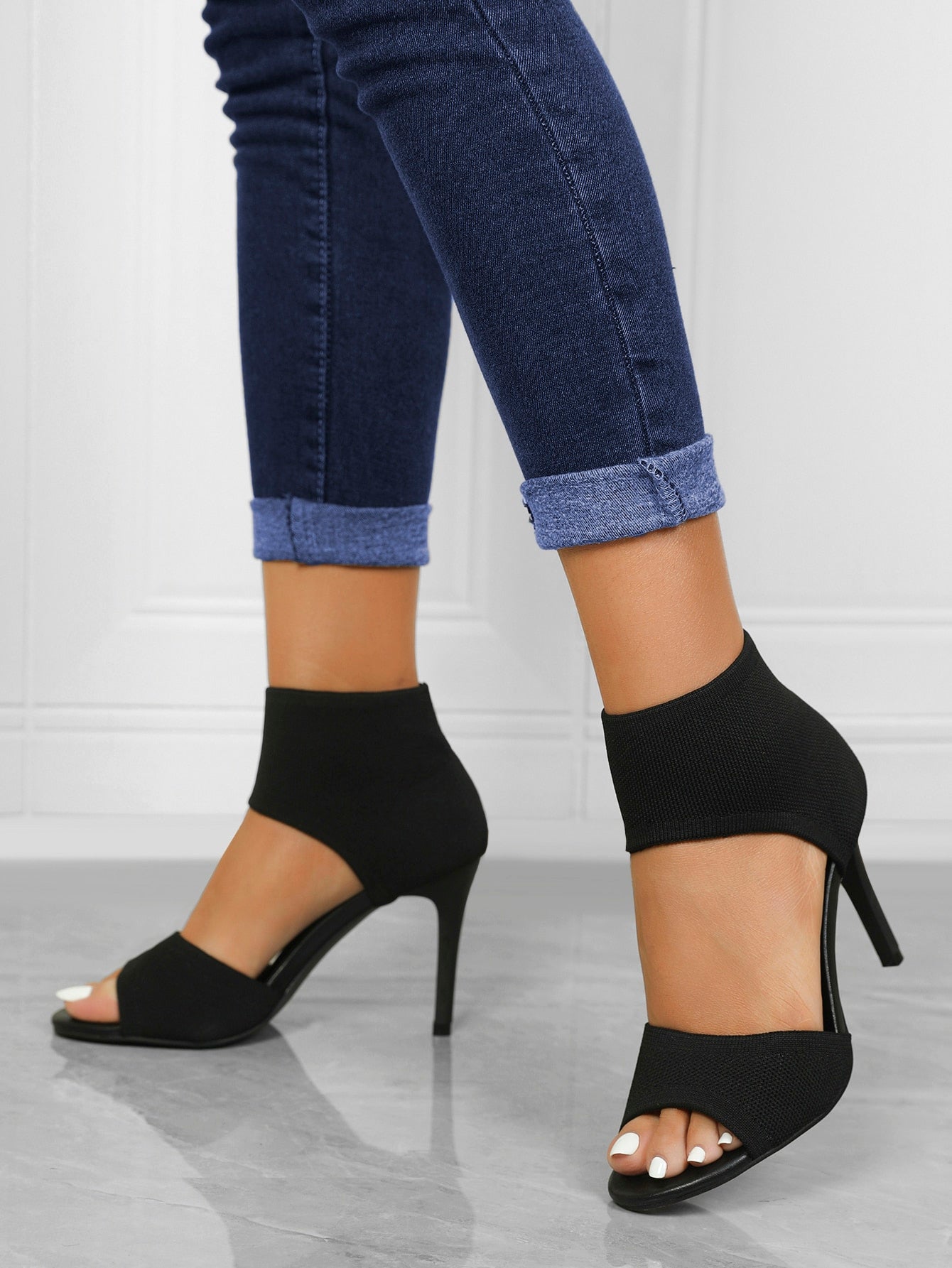 Women Minimalist Stiletto Heeled Ankle Strap Sandals, Elegant Black Solid Heeled Sandals