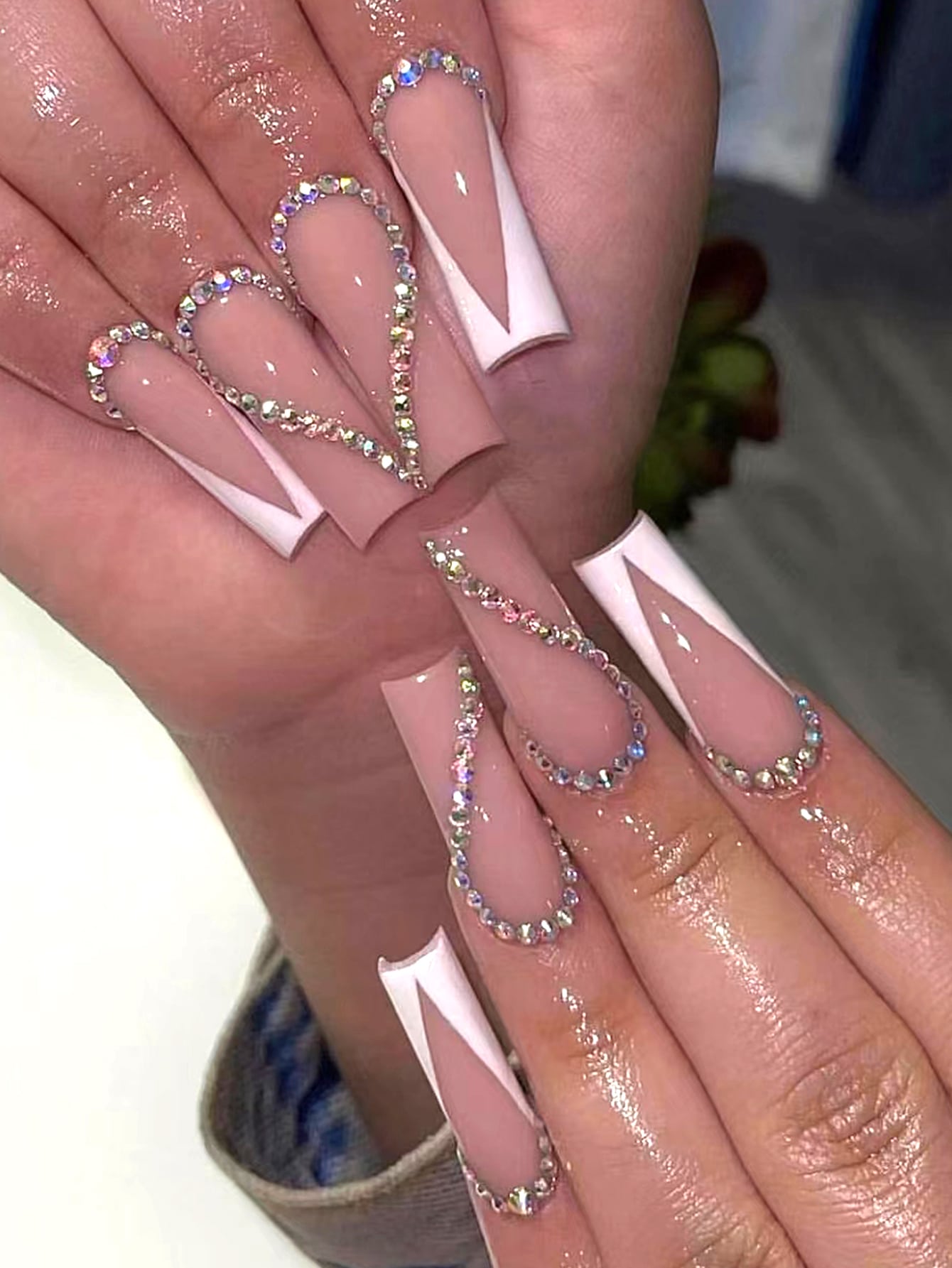 Transform Your Nails with 24pcs Long Coffin White French 3D Rhinestone Decor Fake Nail 1pc Nail File 1sheet Tape