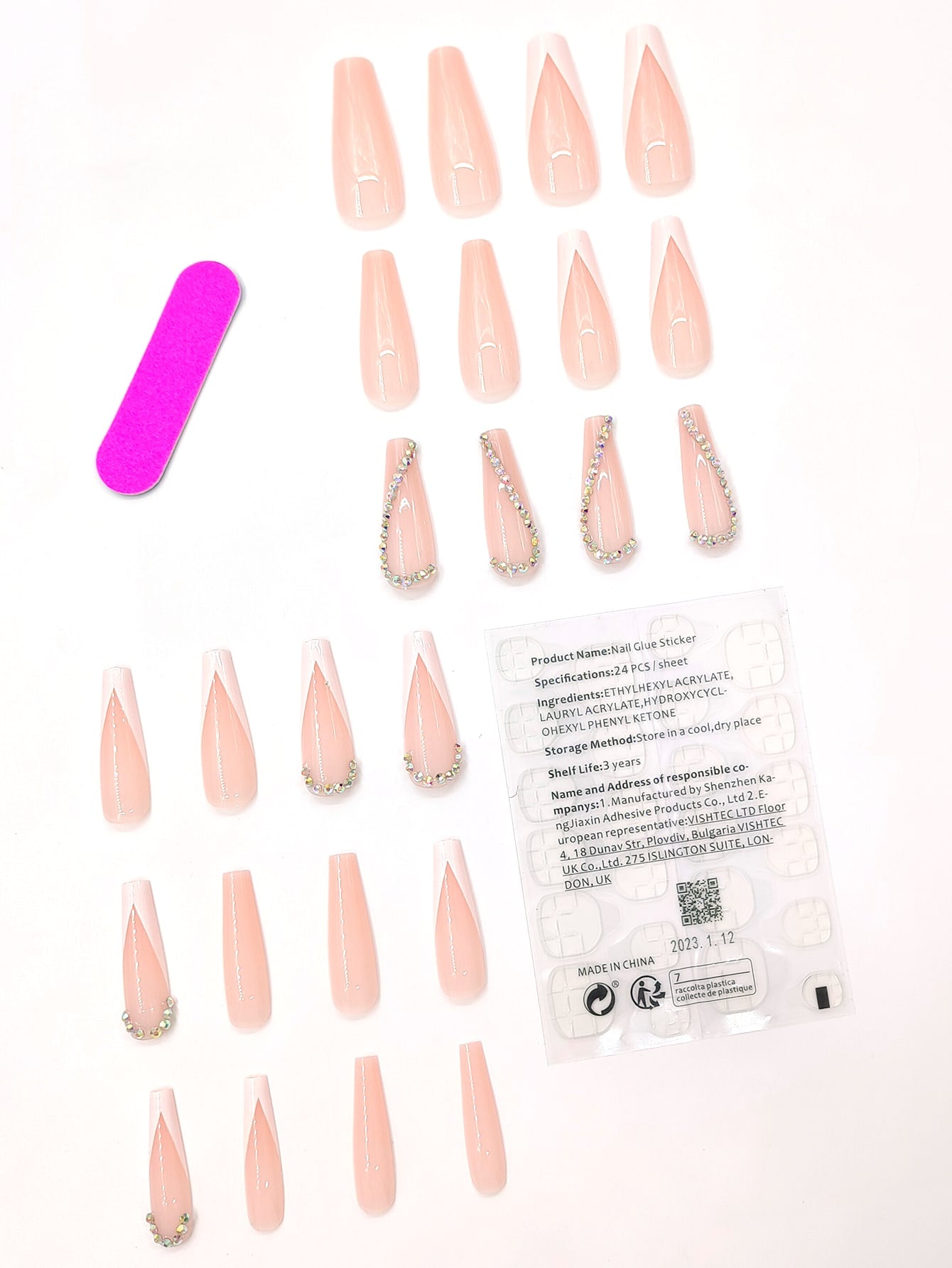 Transform Your Nails with 24pcs Long Coffin White French 3D Rhinestone Decor Fake Nail 1pc Nail File 1sheet Tape