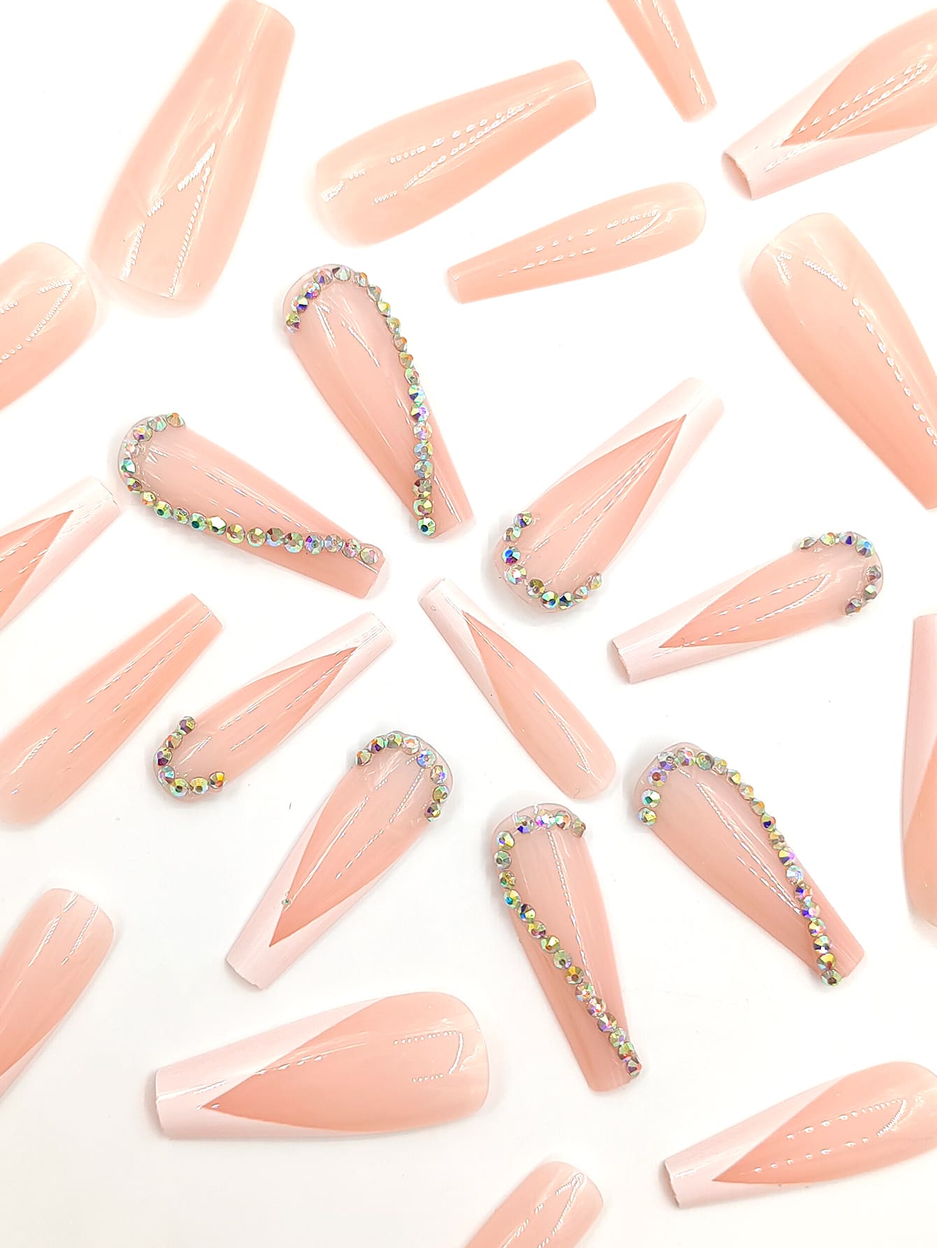 Transform Your Nails with 24pcs Long Coffin White French 3D Rhinestone Decor Fake Nail 1pc Nail File 1sheet Tape