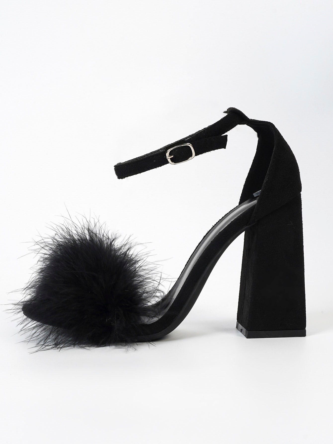 Women Black Fluffy Chunky Heeled Ankle Strap Sandals