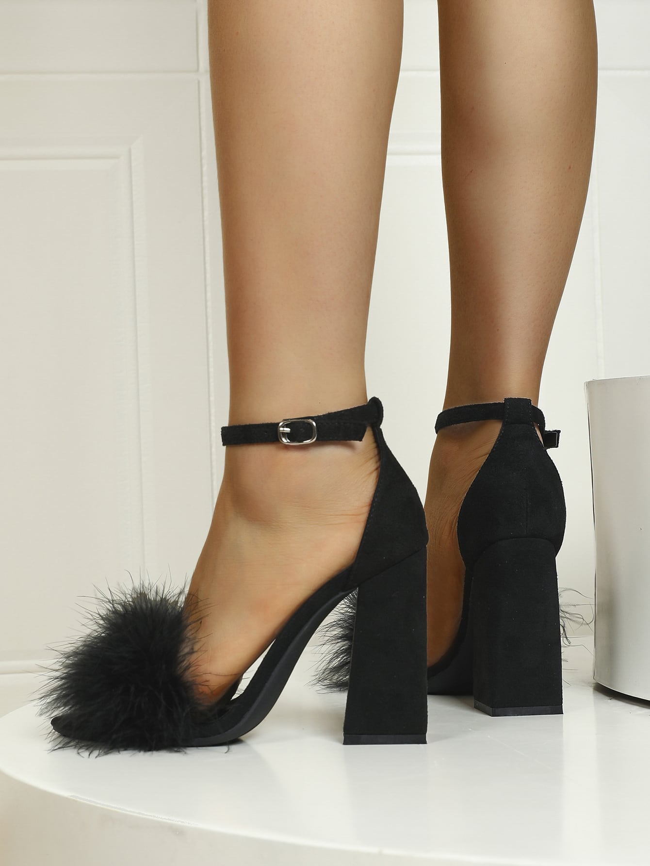 Women Black Fluffy Chunky Heeled Ankle Strap Sandals